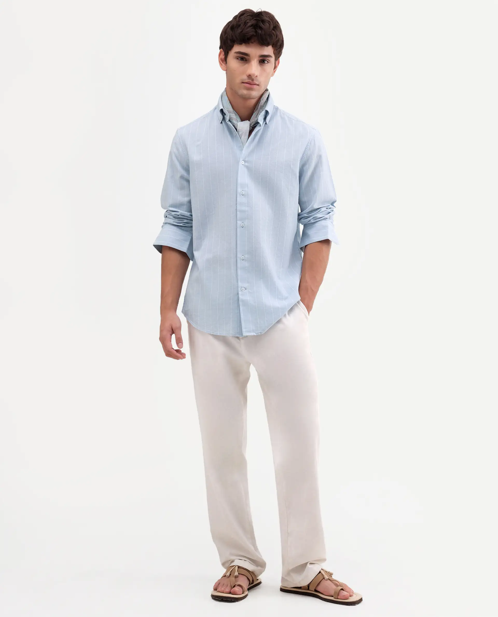 Rare Rabbit Men's Dalti Light Blue Linen Blend Fabric Full Sleeve Spread Collar Button Regular Fit Plain Shirt - Image 2