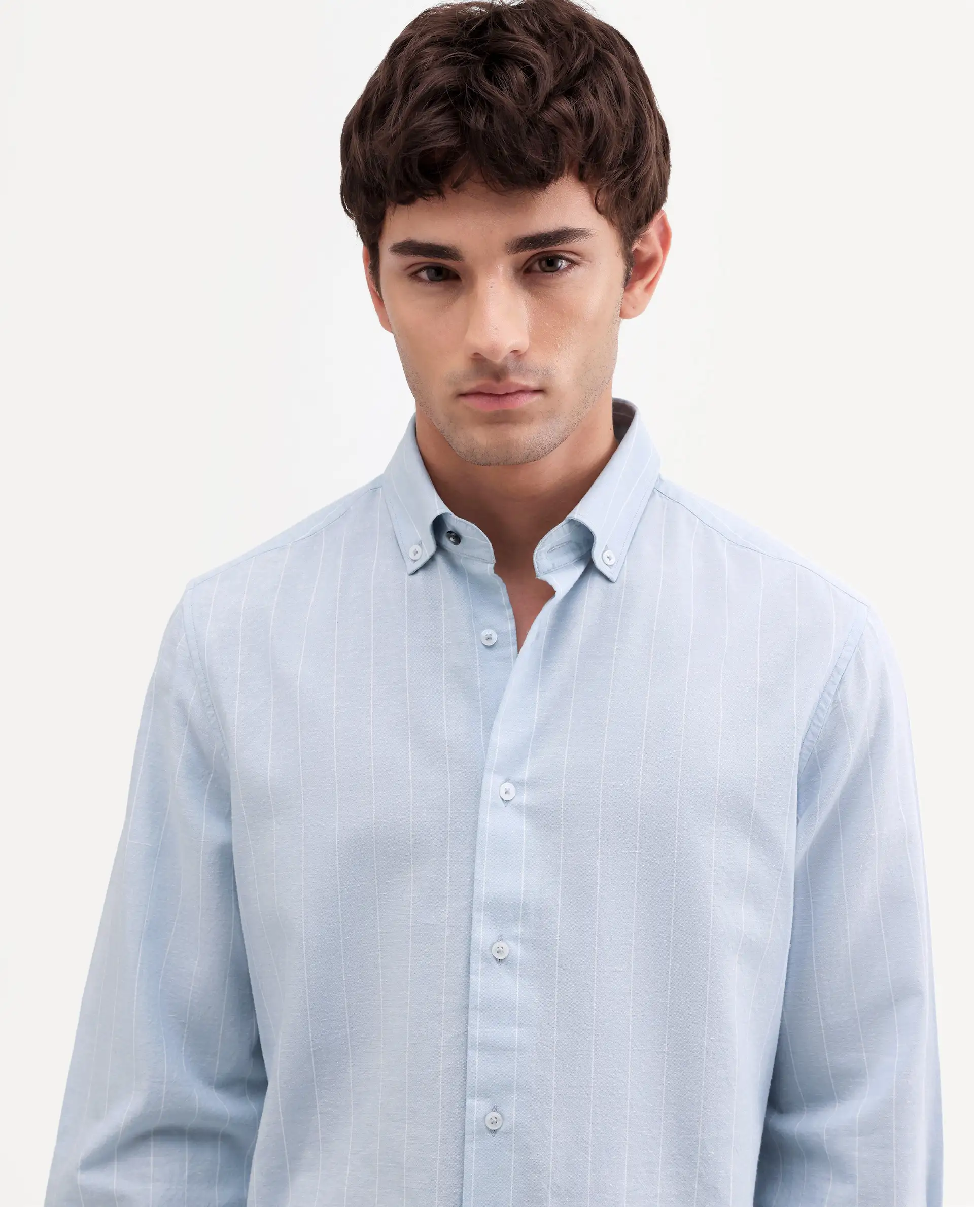 Rare Rabbit Men's Dalti Light Blue Linen Blend Fabric Full Sleeve Spread Collar Button Regular Fit Plain Shirt - Image 3