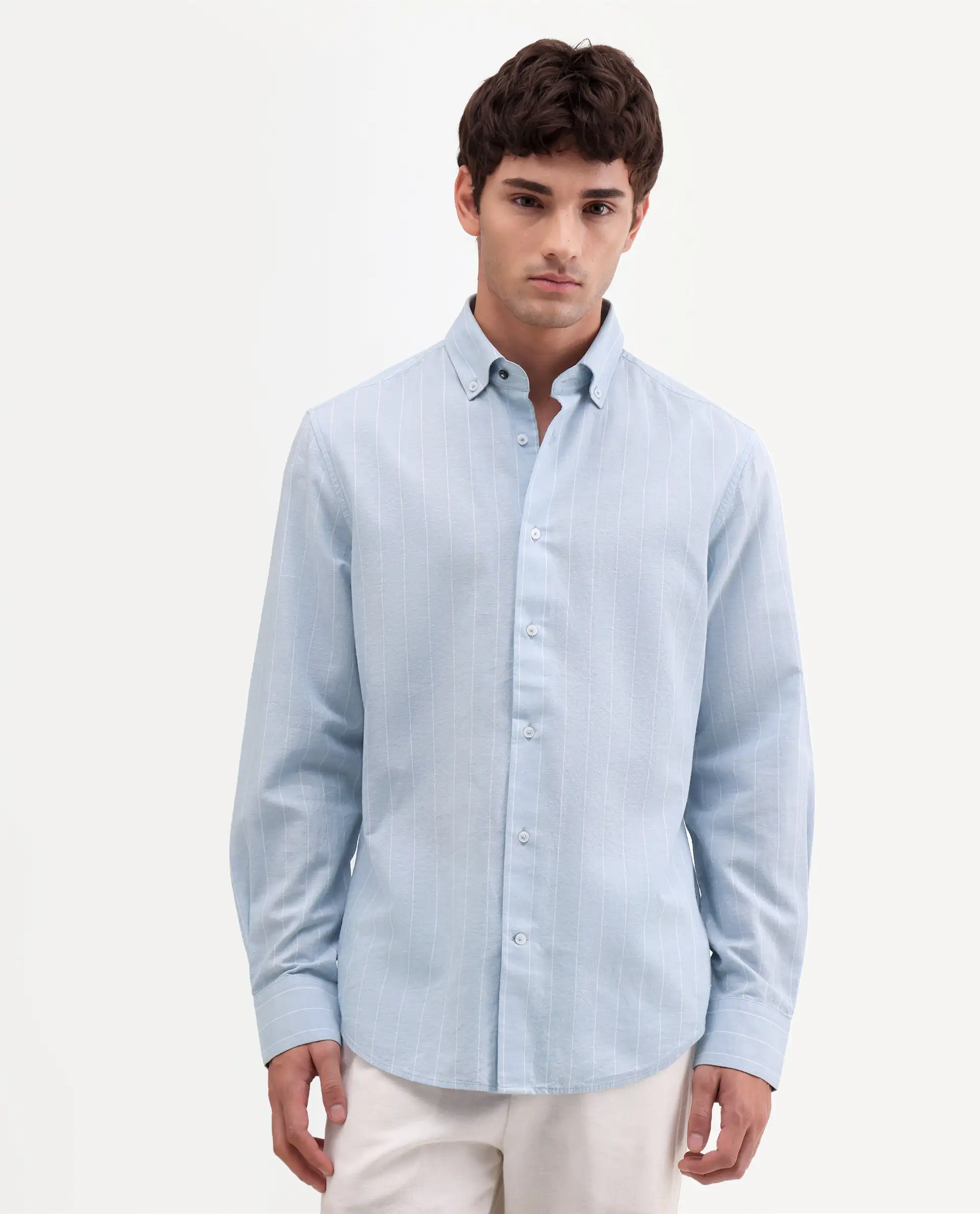 Rare Rabbit Men's Dalti Light Blue Linen Blend Fabric Full Sleeve Spread Collar Button Regular Fit Plain Shirt - Image 4