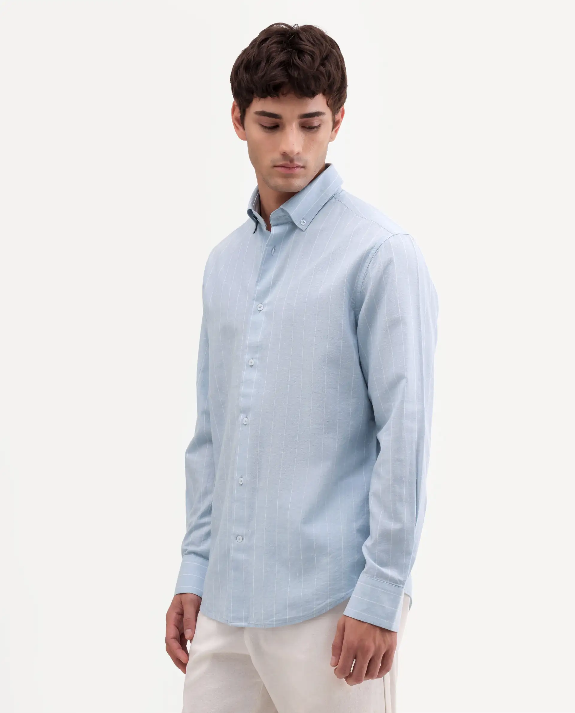 Rare Rabbit Men's Dalti Light Blue Linen Blend Fabric Full Sleeve Spread Collar Button Regular Fit Plain Shirt - Image 5