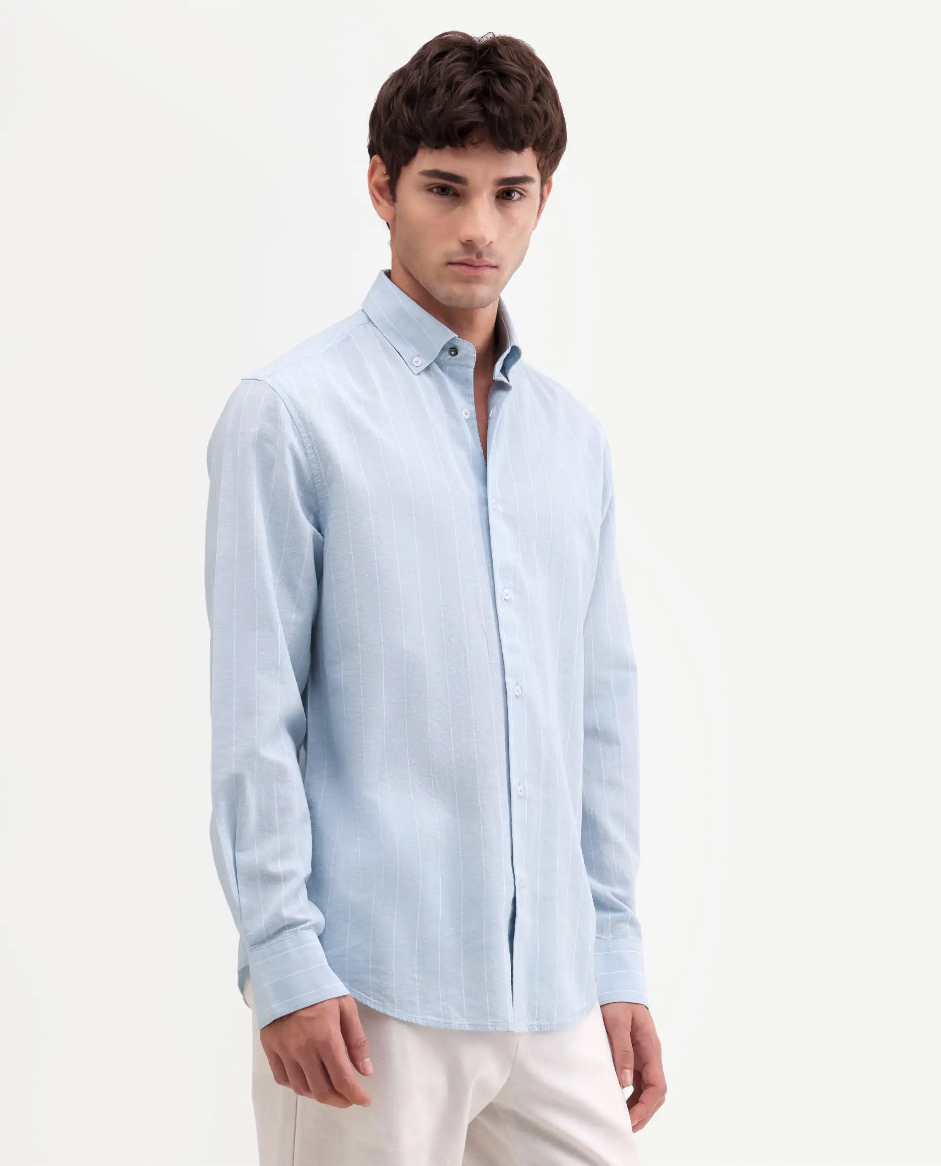 Rare Rabbit Men's Dalti Light Blue Linen Blend Fabric Full Sleeve Spread Collar Button Regular Fit Plain Shirt - Image 6