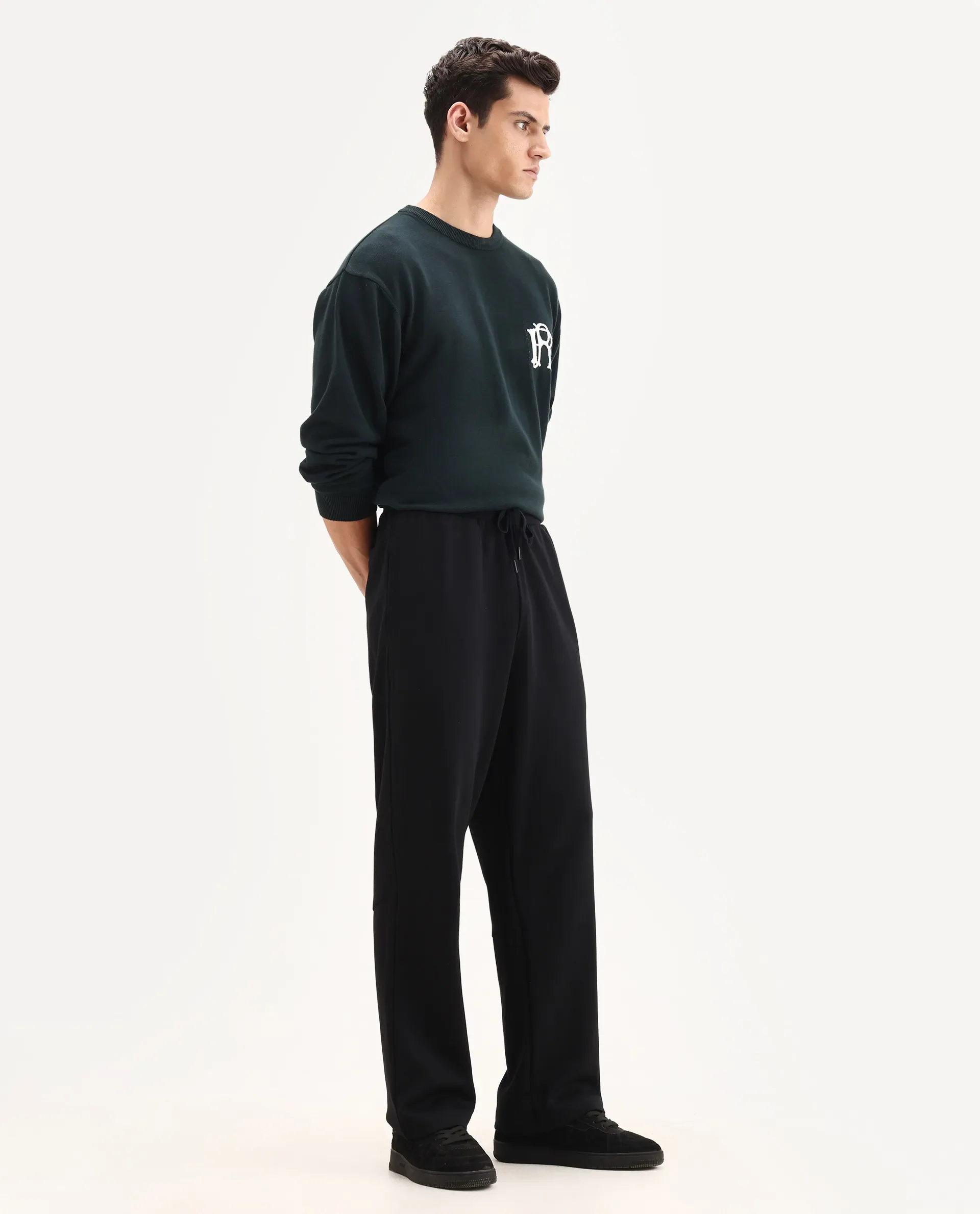 Rare Rabbit Men's Dalton Black Cotton Blend Plain Baggy Fit Trouser - Image 5