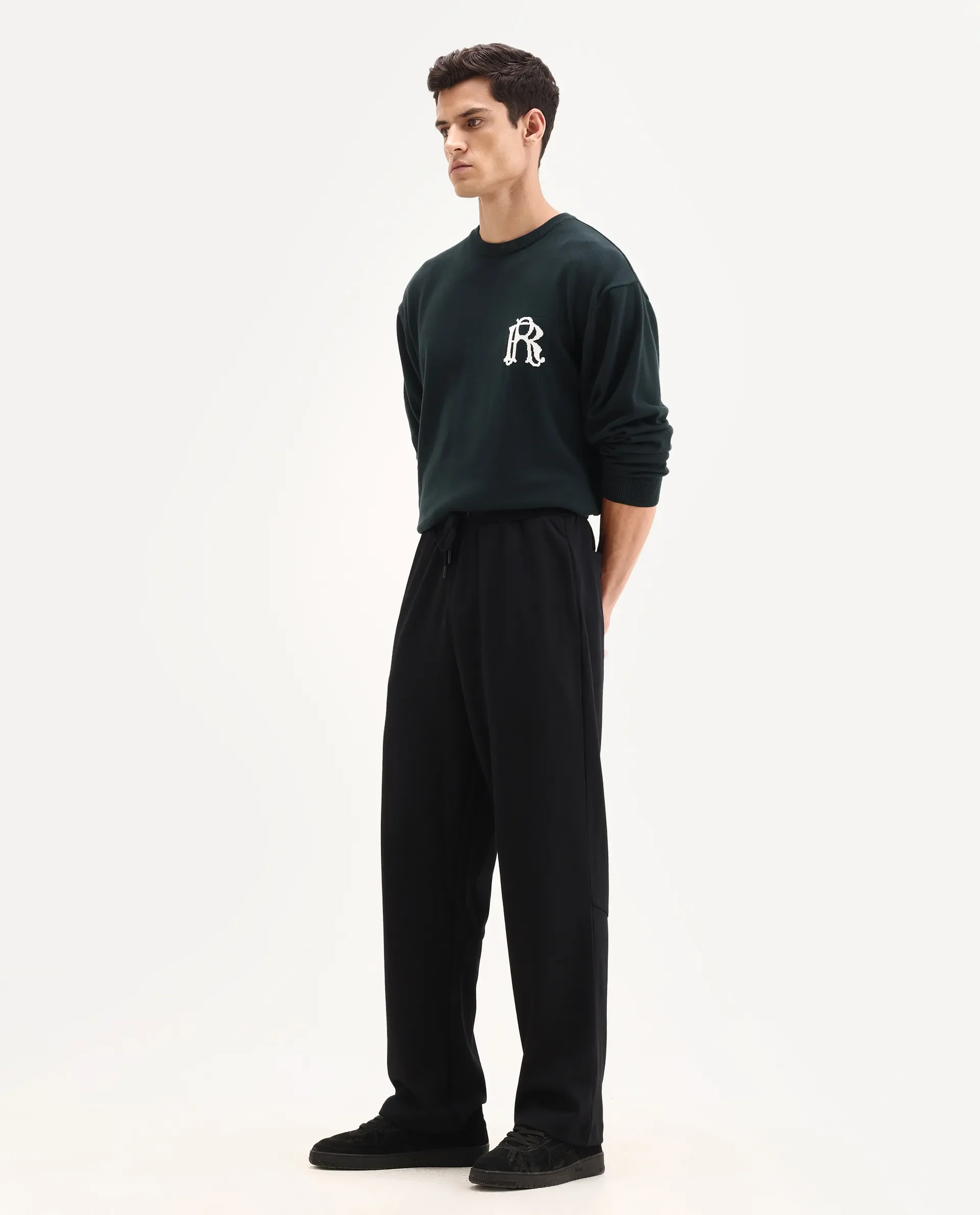 Rare Rabbit Men's Dalton Black Cotton Blend Plain Baggy Fit Trouser - Image 6