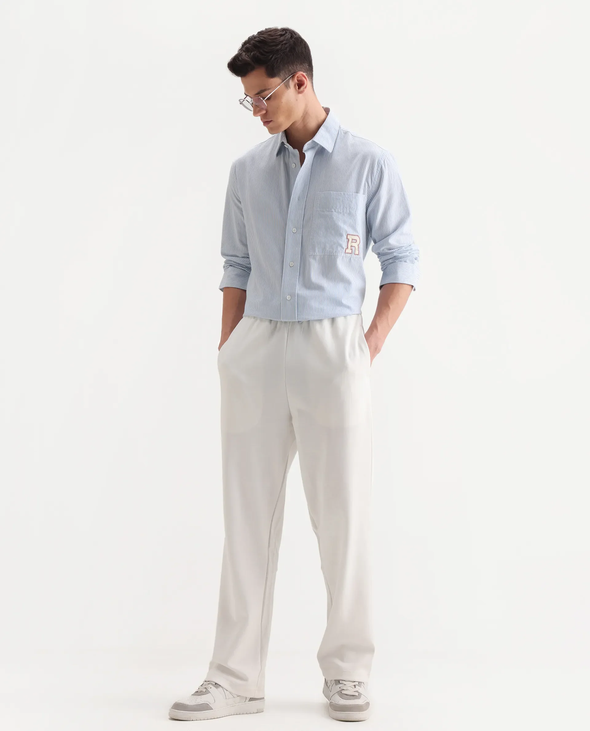 Rare Rabbit Men's Dalton Off White Cotton Blend Plain Baggy Fit Trouser
