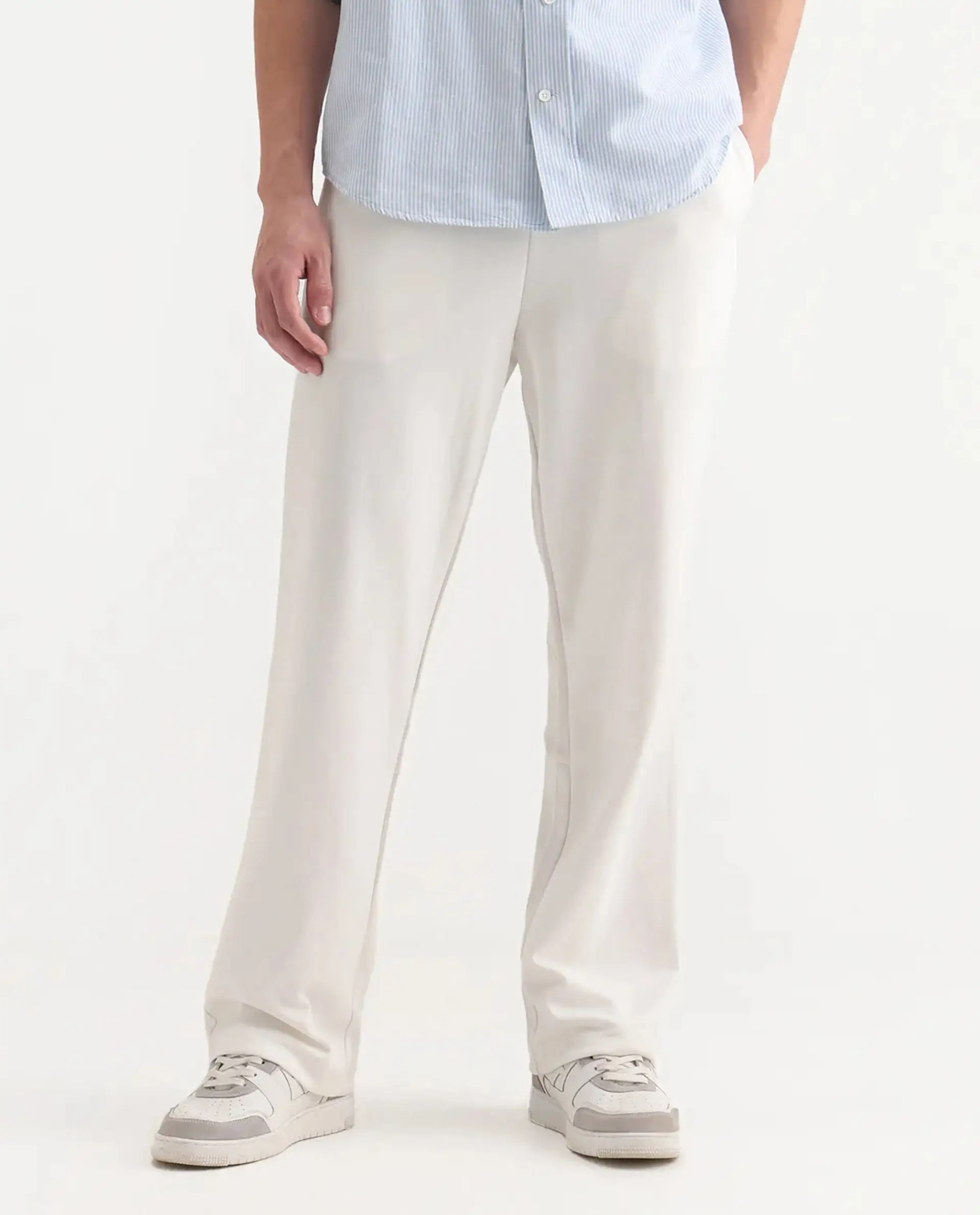 Rare Rabbit Men's Dalton Off White Cotton Blend Plain Baggy Fit Trouser - Image 9