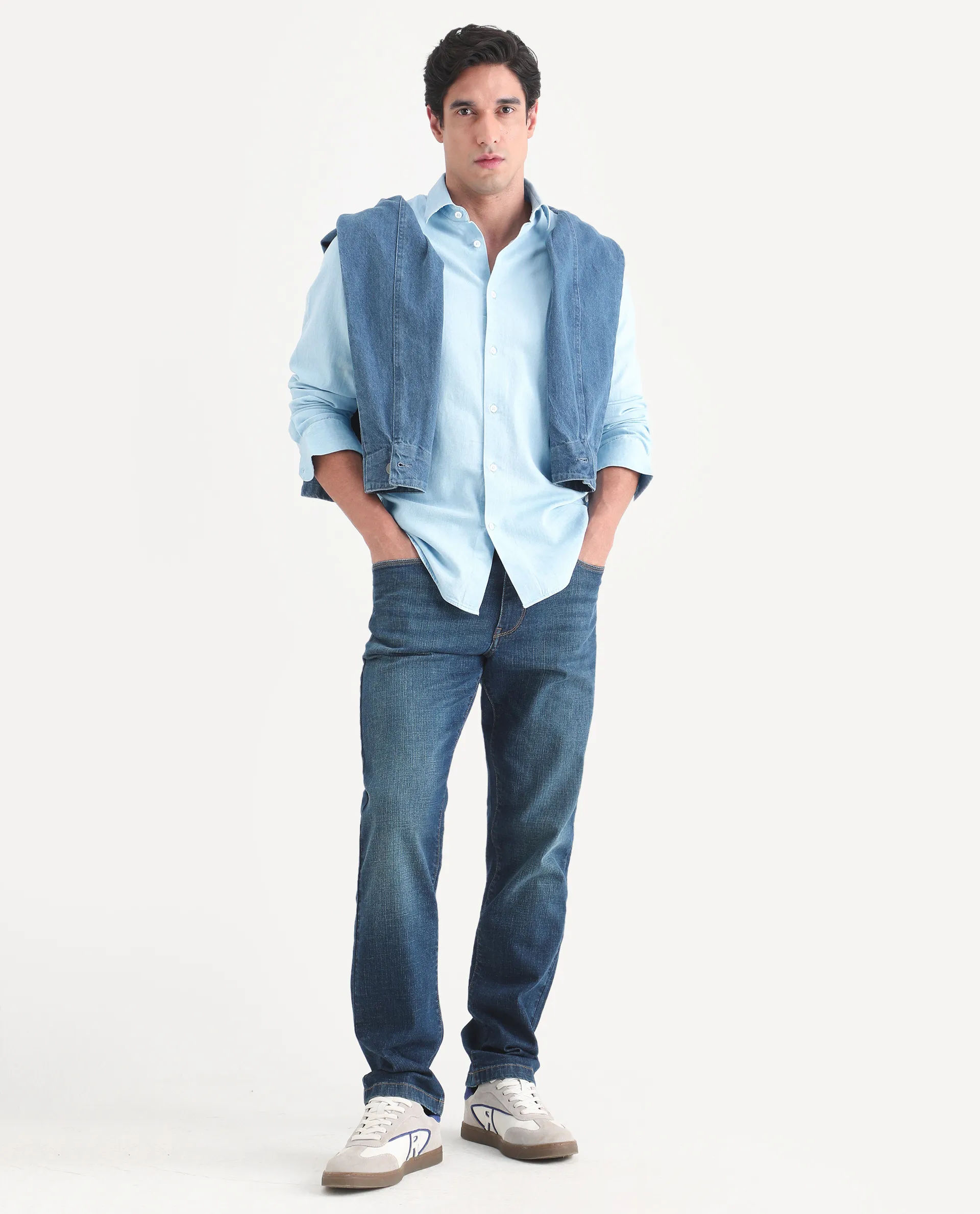 Rare Rabbit Men's Dami Light Blue Cotton Fabric Full Sleeve Spread Collar Regular Fit Plain Denim Shirt - Image 2