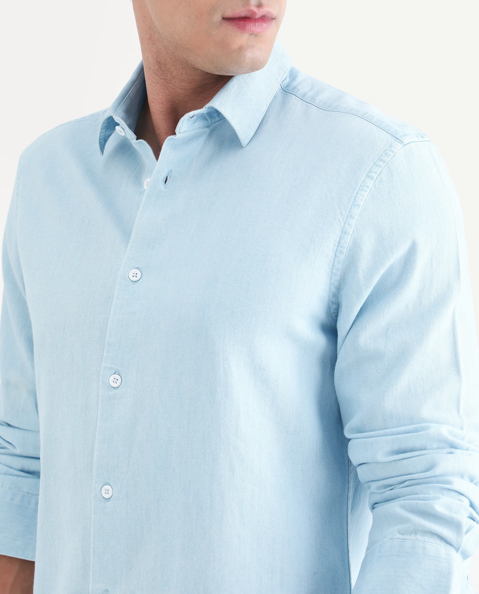 Rare Rabbit Men's Dami Light Blue Cotton Fabric Full Sleeve Spread Collar Regular Fit Plain Denim Shirt - Image 3