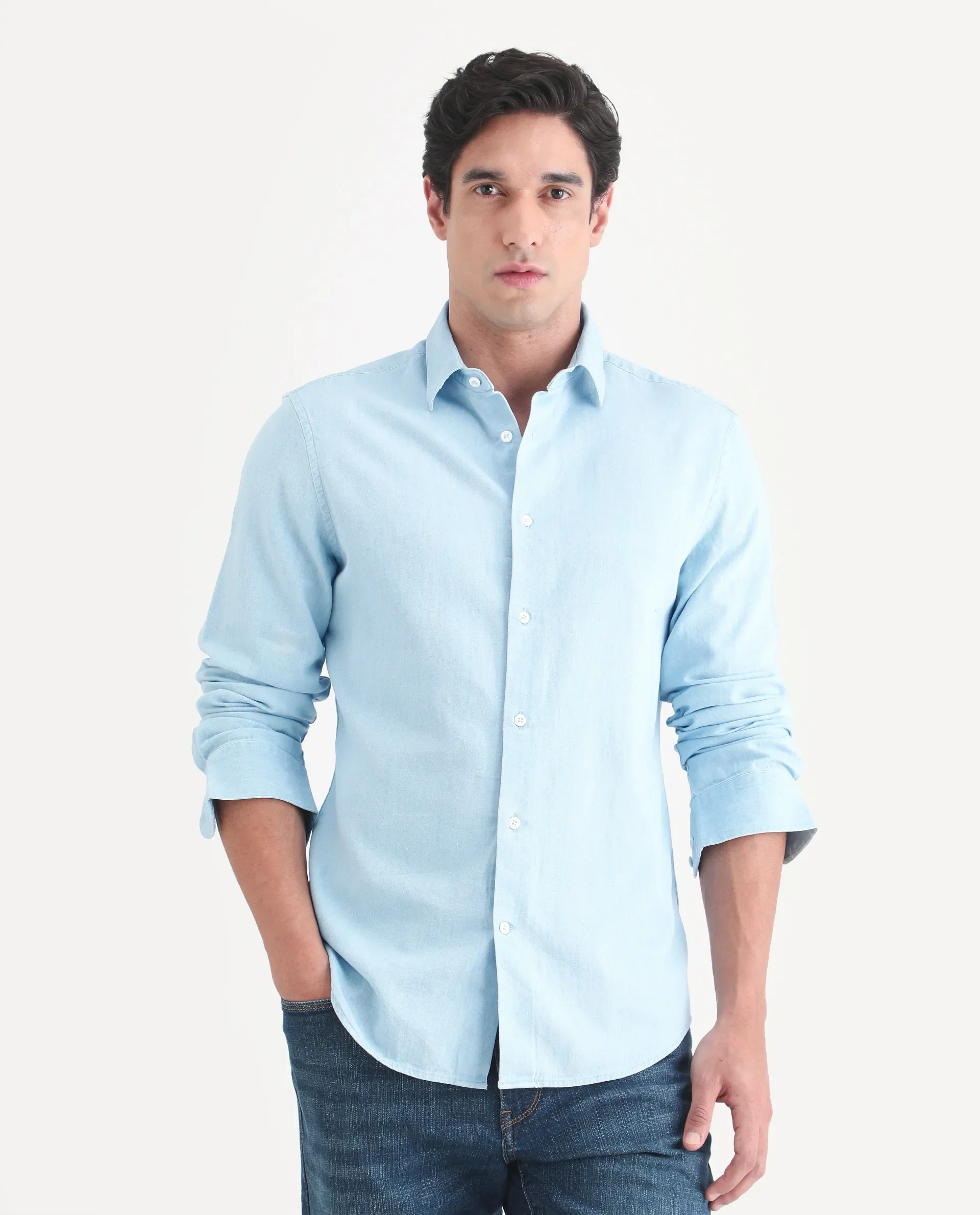 Rare Rabbit Men's Dami Light Blue Cotton Fabric Full Sleeve Spread Collar Regular Fit Plain Denim Shirt - Image 4