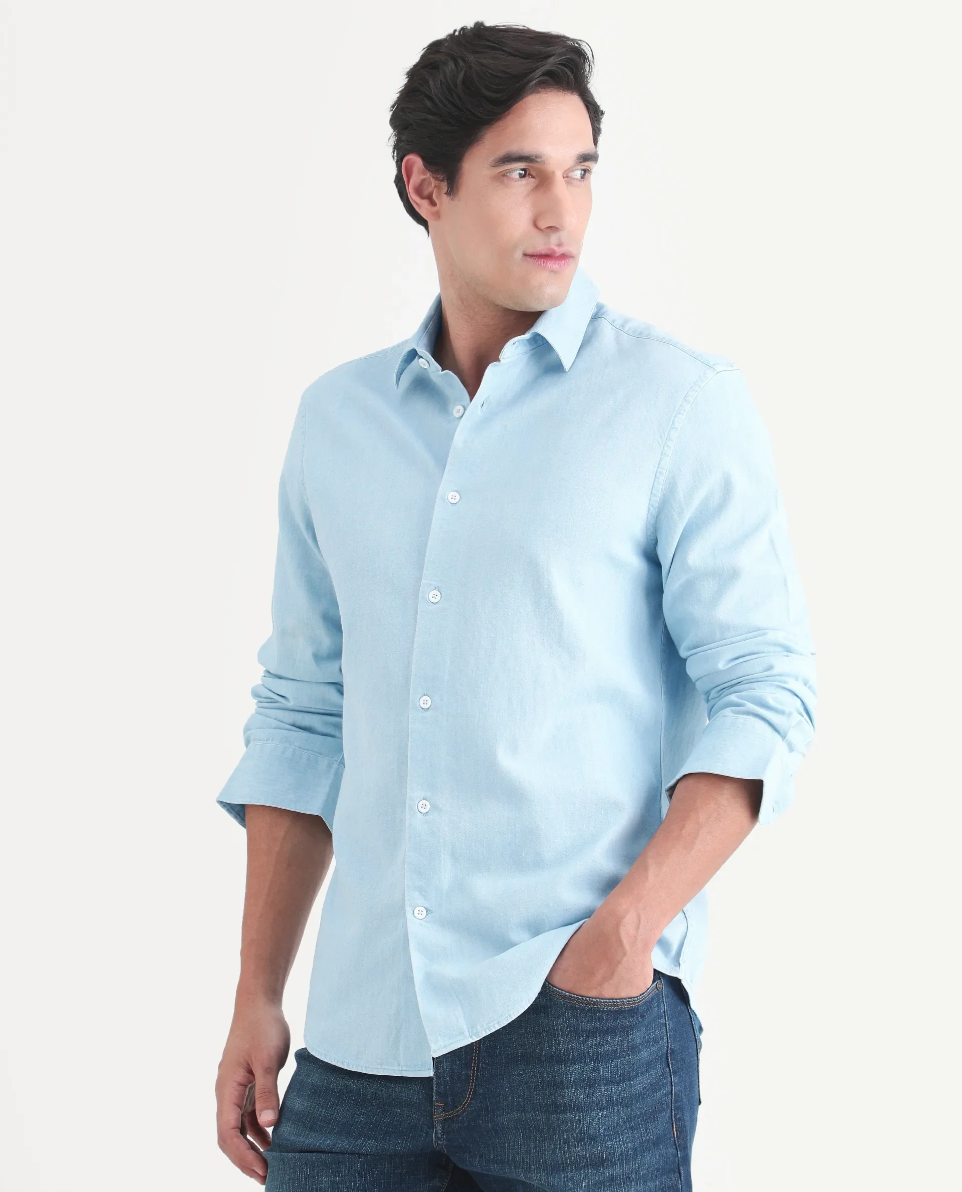 Rare Rabbit Men's Dami Light Blue Cotton Fabric Full Sleeve Spread Collar Regular Fit Plain Denim Shirt - Image 5