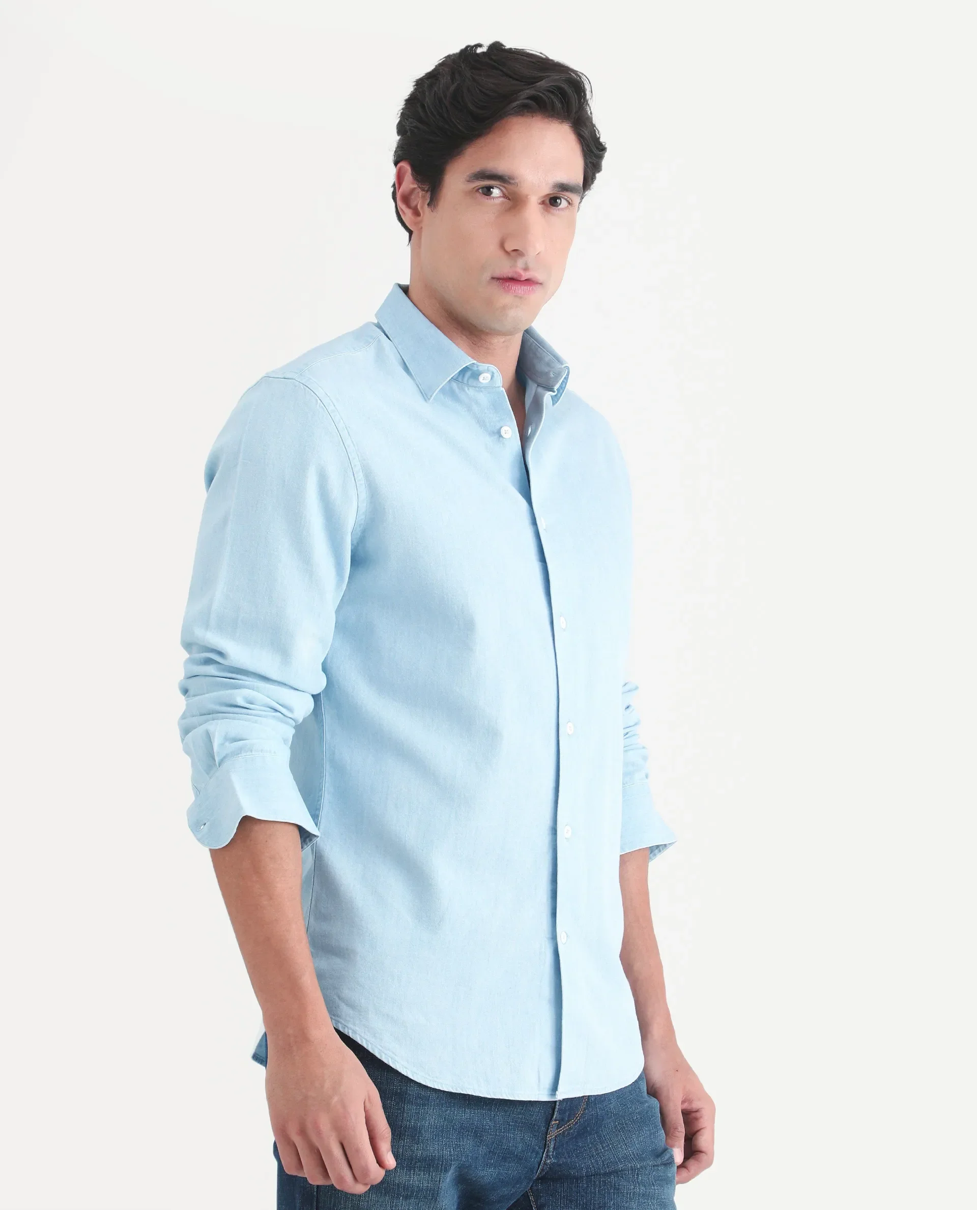 Rare Rabbit Men's Dami Light Blue Cotton Fabric Full Sleeve Spread Collar Regular Fit Plain Denim Shirt - Image 6