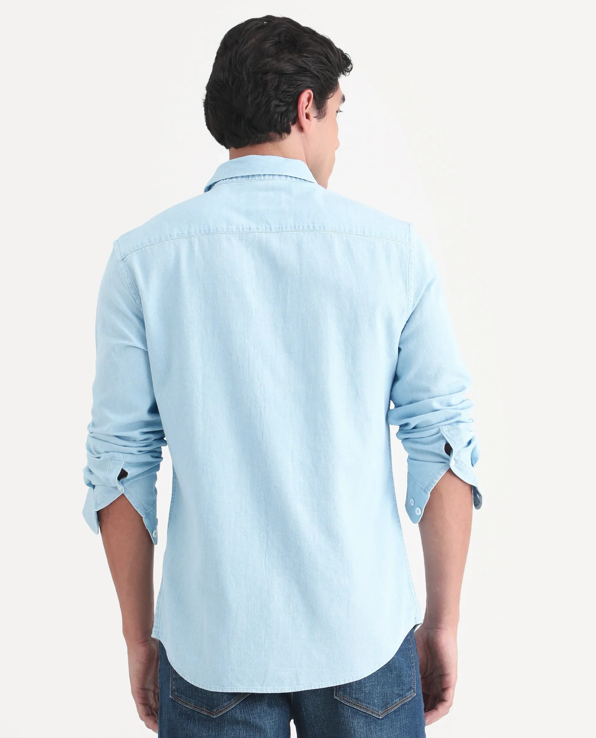 Rare Rabbit Men's Dami Light Blue Cotton Fabric Full Sleeve Spread Collar Regular Fit Plain Denim Shirt - Image 7