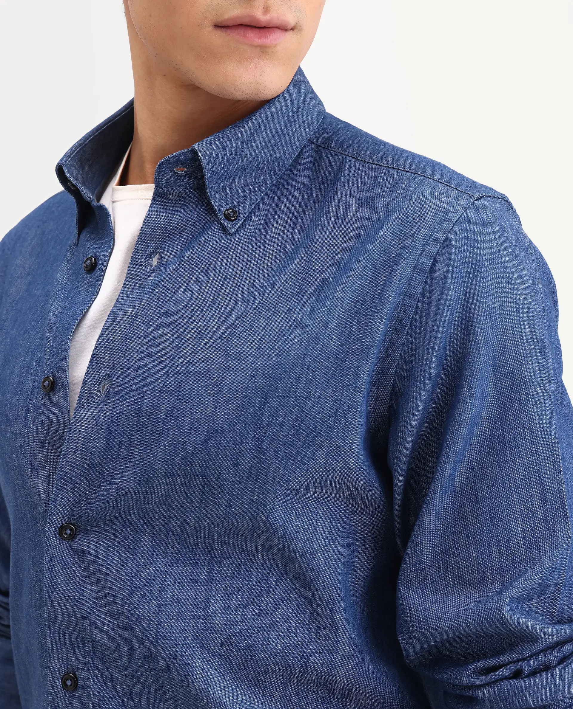 Rare Rabbit Men's Dami-Uw Navy Cotton Fabric Full Sleeve Button-Down Collar Regular Fit Plain Denim Shirt - Image 3