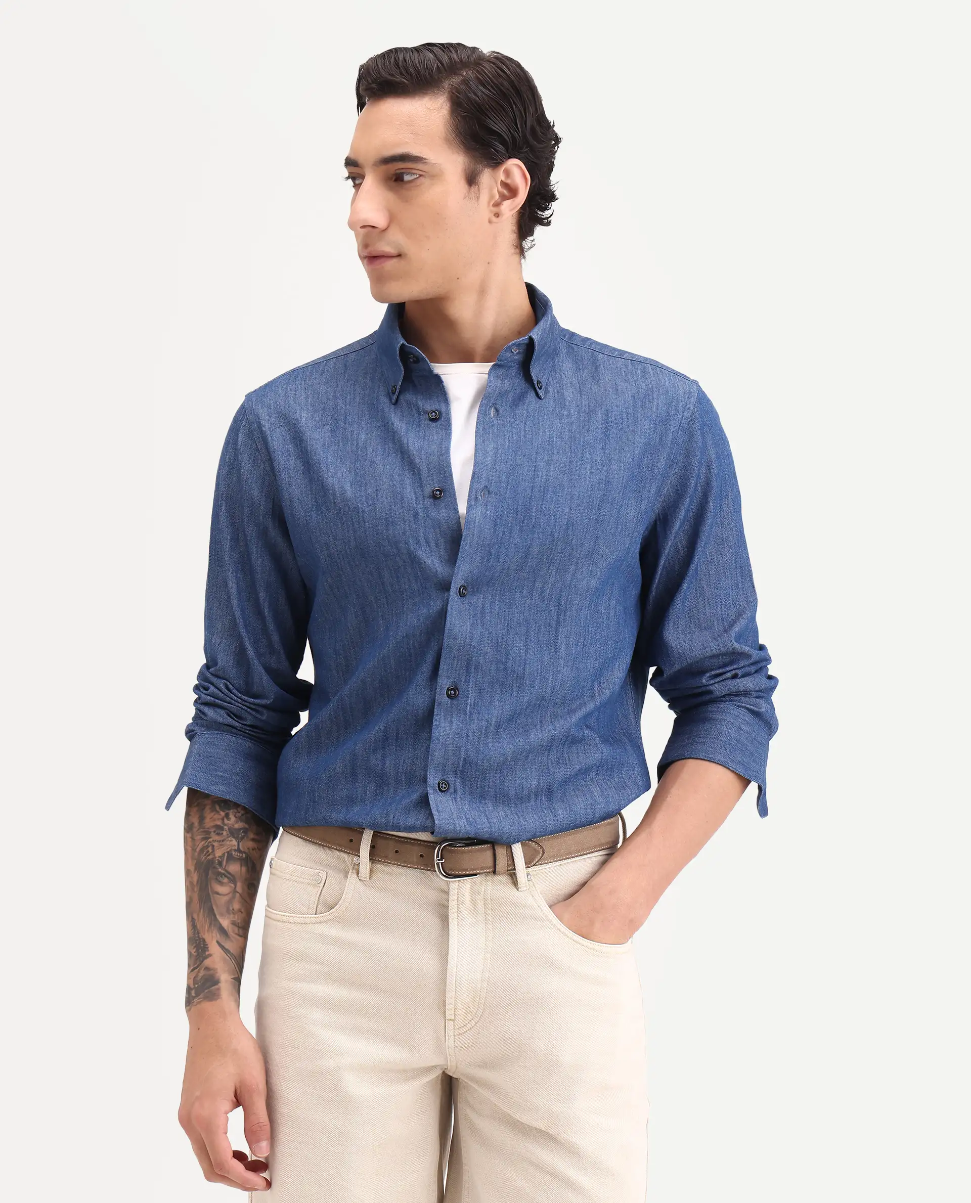 Rare Rabbit Men's Dami-Uw Navy Cotton Fabric Full Sleeve Button-Down Collar Regular Fit Plain Denim Shirt - Image 4