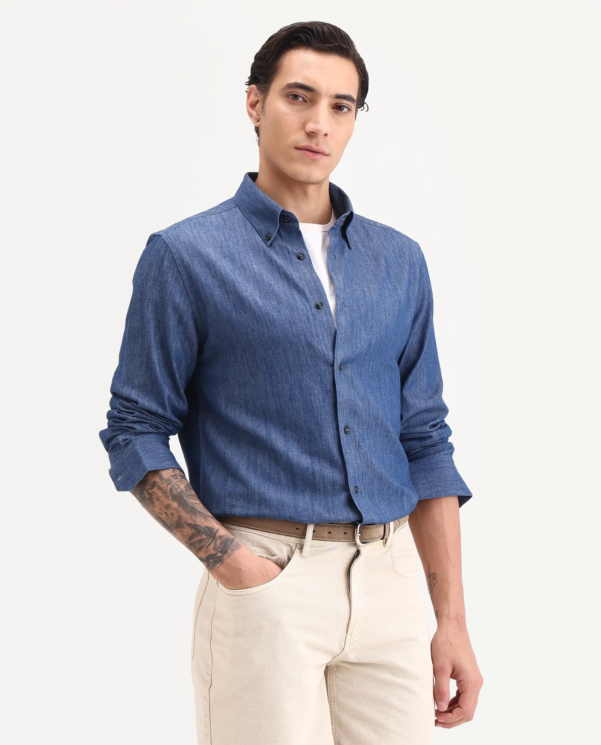 Rare Rabbit Men's Dami-Uw Navy Cotton Fabric Full Sleeve Button-Down Collar Regular Fit Plain Denim Shirt - Image 5