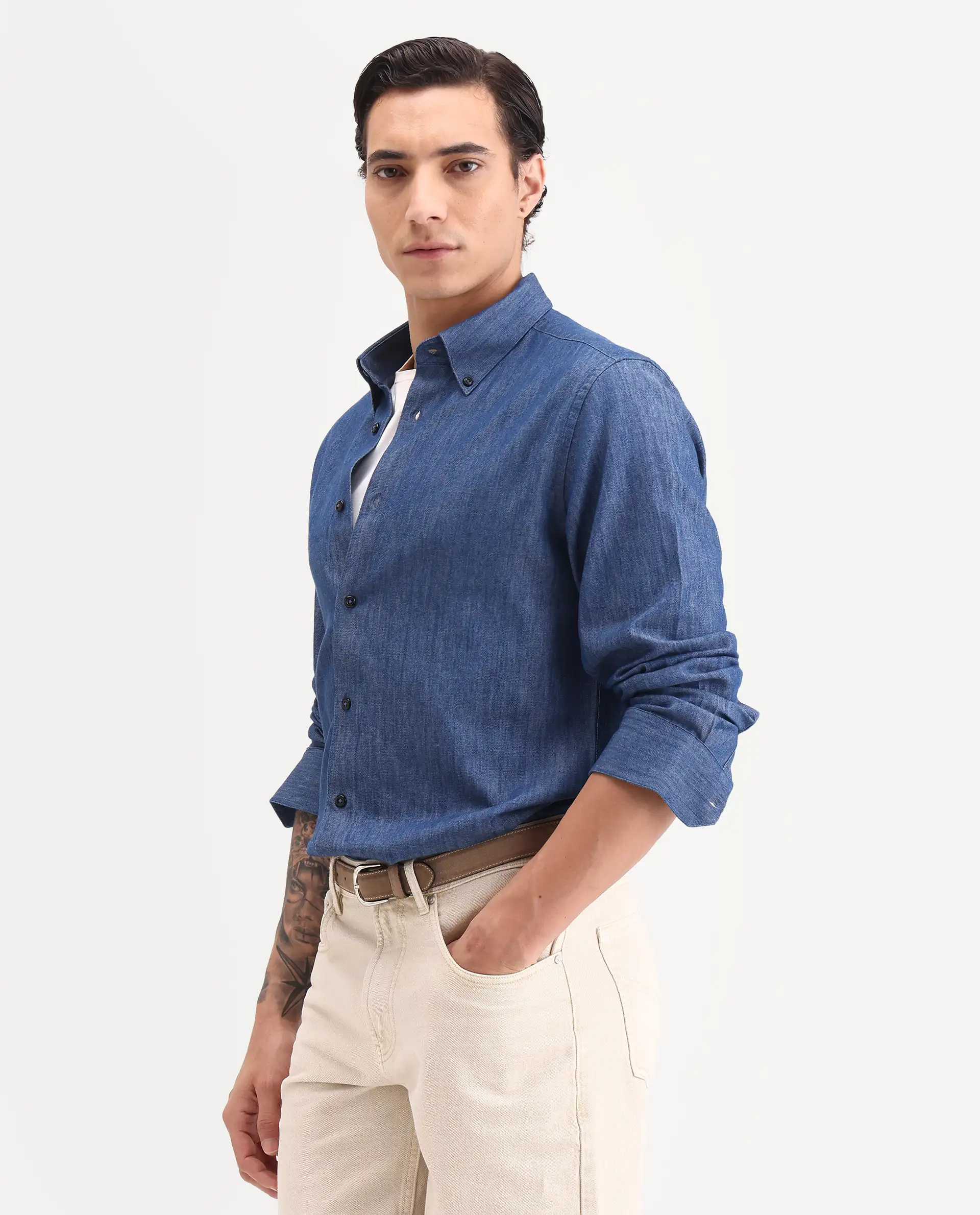 Rare Rabbit Men's Dami-Uw Navy Cotton Fabric Full Sleeve Button-Down Collar Regular Fit Plain Denim Shirt - Image 6