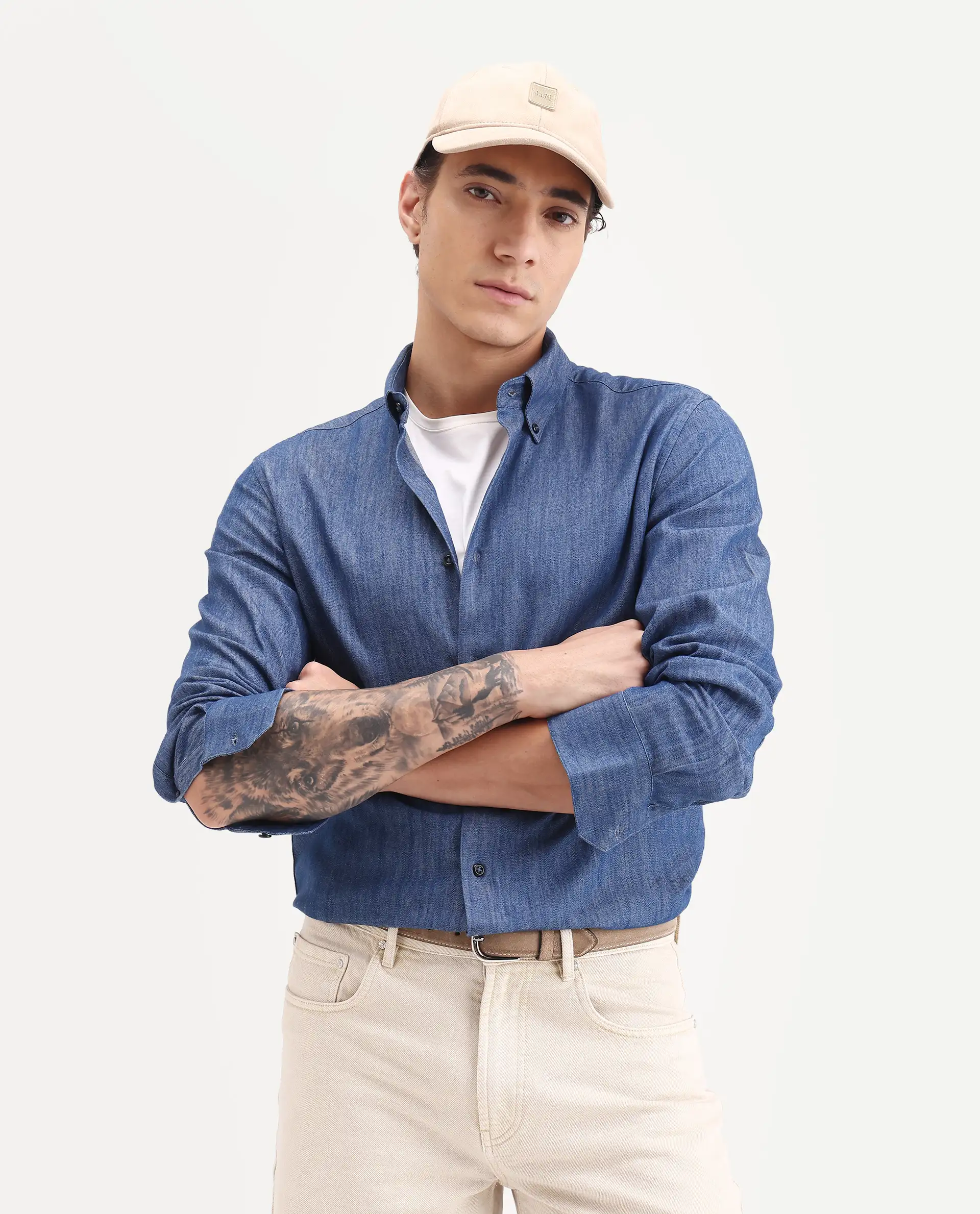 Rare Rabbit Men's Dami-Uw Navy Cotton Fabric Full Sleeve Button-Down Collar Regular Fit Plain Denim Shirt - Image 7