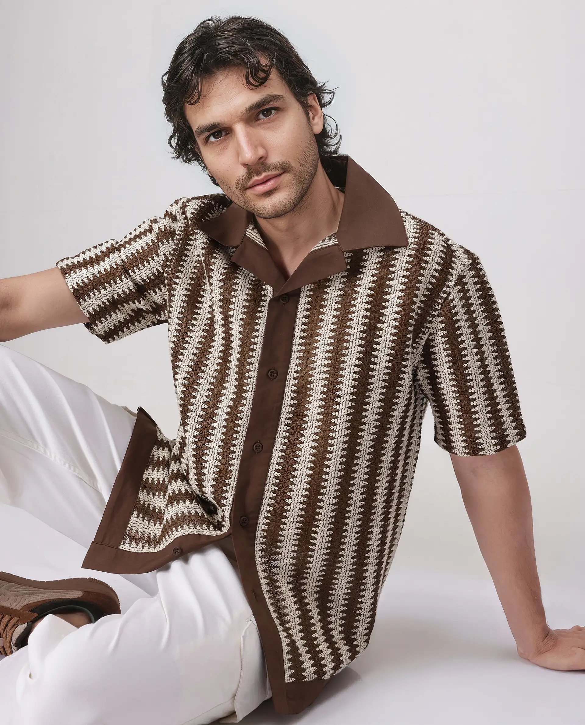 Rare Rabbit Men's Dana Brown Cotton Striped Print Boxy Fit Half Sleeve Cuban Collar Shirt