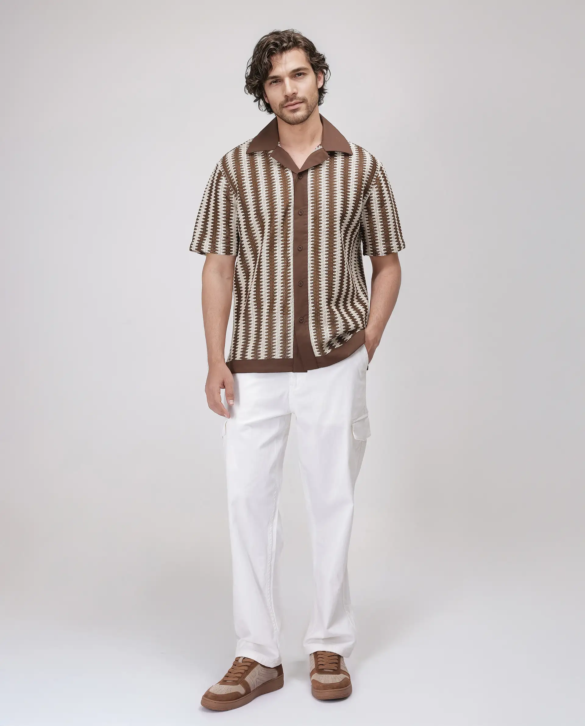 Rare Rabbit Men's Dana Brown Cotton Striped Print Boxy Fit Half Sleeve Cuban Collar Shirt - Image 2