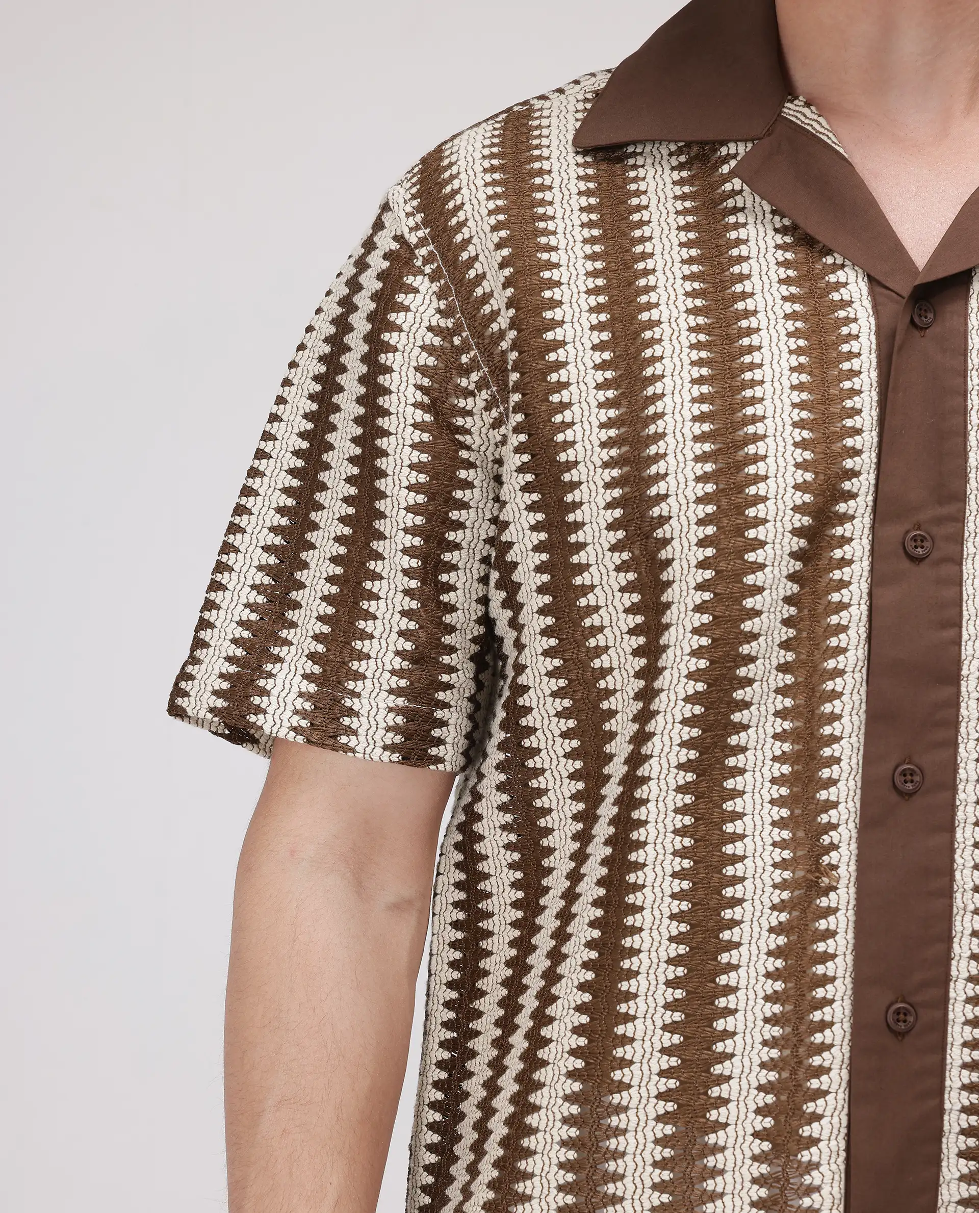 Rare Rabbit Men's Dana Brown Cotton Striped Print Boxy Fit Half Sleeve Cuban Collar Shirt - Image 3