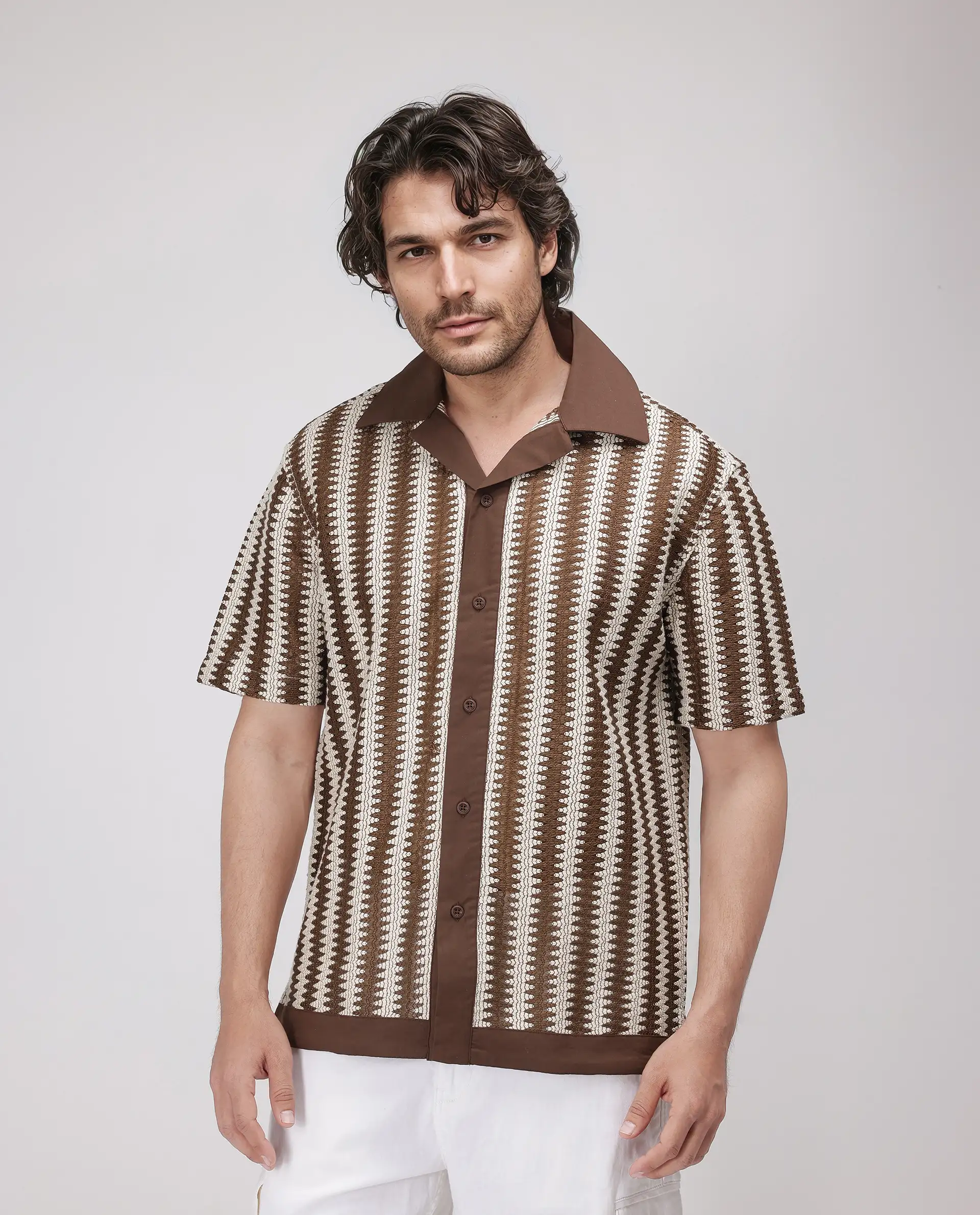Rare Rabbit Men's Dana Brown Cotton Striped Print Boxy Fit Half Sleeve Cuban Collar Shirt - Image 4
