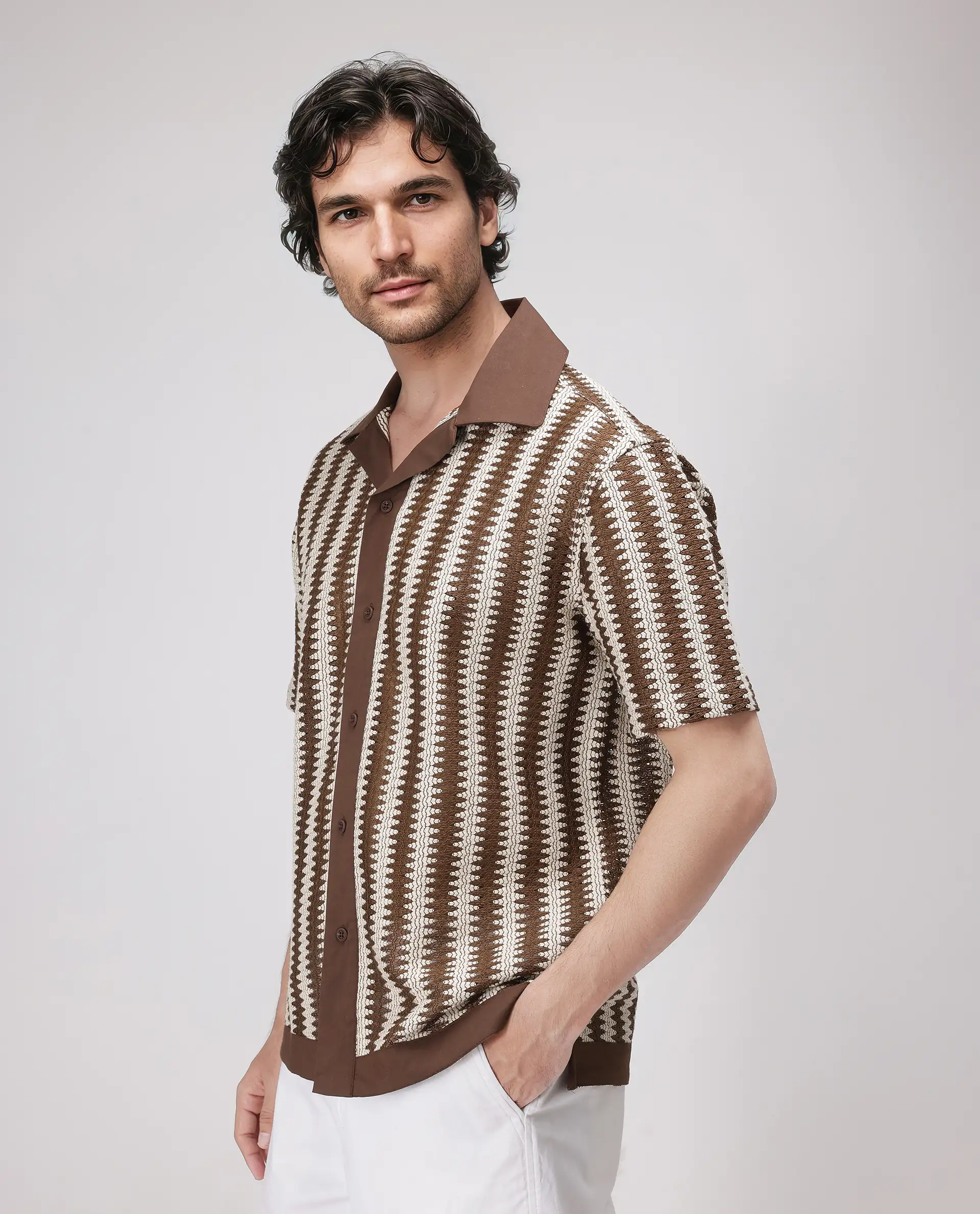 Rare Rabbit Men's Dana Brown Cotton Striped Print Boxy Fit Half Sleeve Cuban Collar Shirt - Image 5