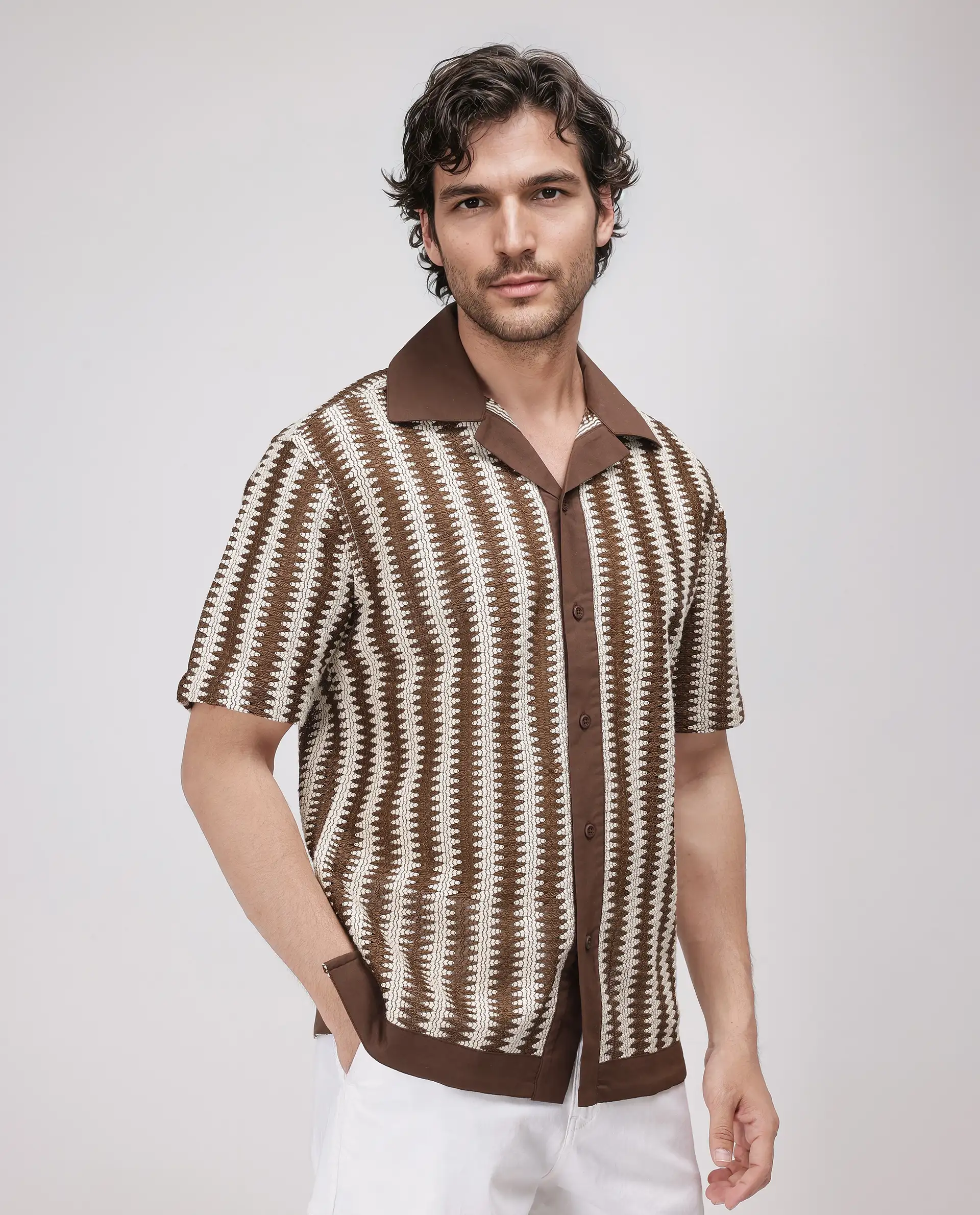 Rare Rabbit Men's Dana Brown Cotton Striped Print Boxy Fit Half Sleeve Cuban Collar Shirt - Image 6