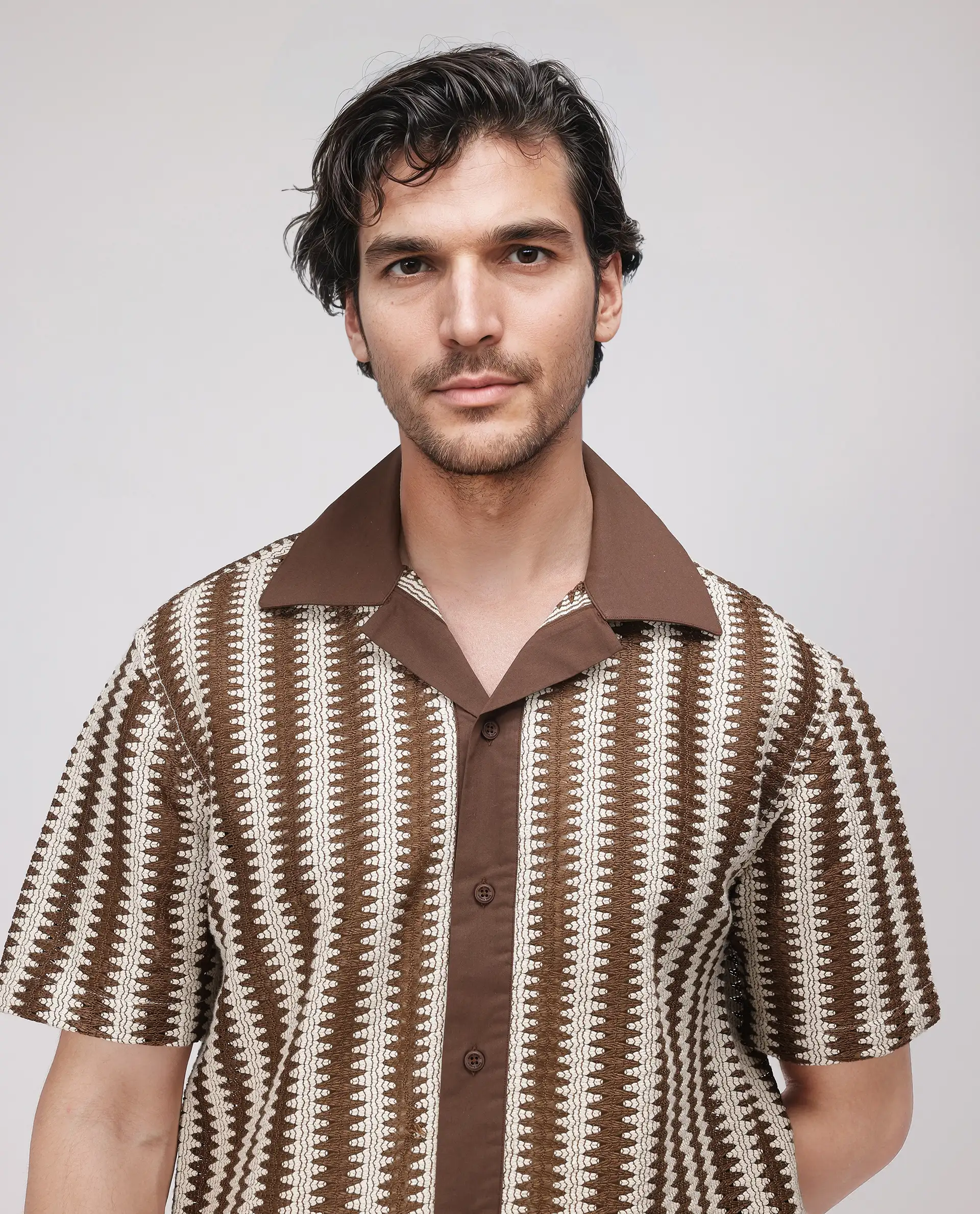 Rare Rabbit Men's Dana Brown Cotton Striped Print Boxy Fit Half Sleeve Cuban Collar Shirt - Image 7