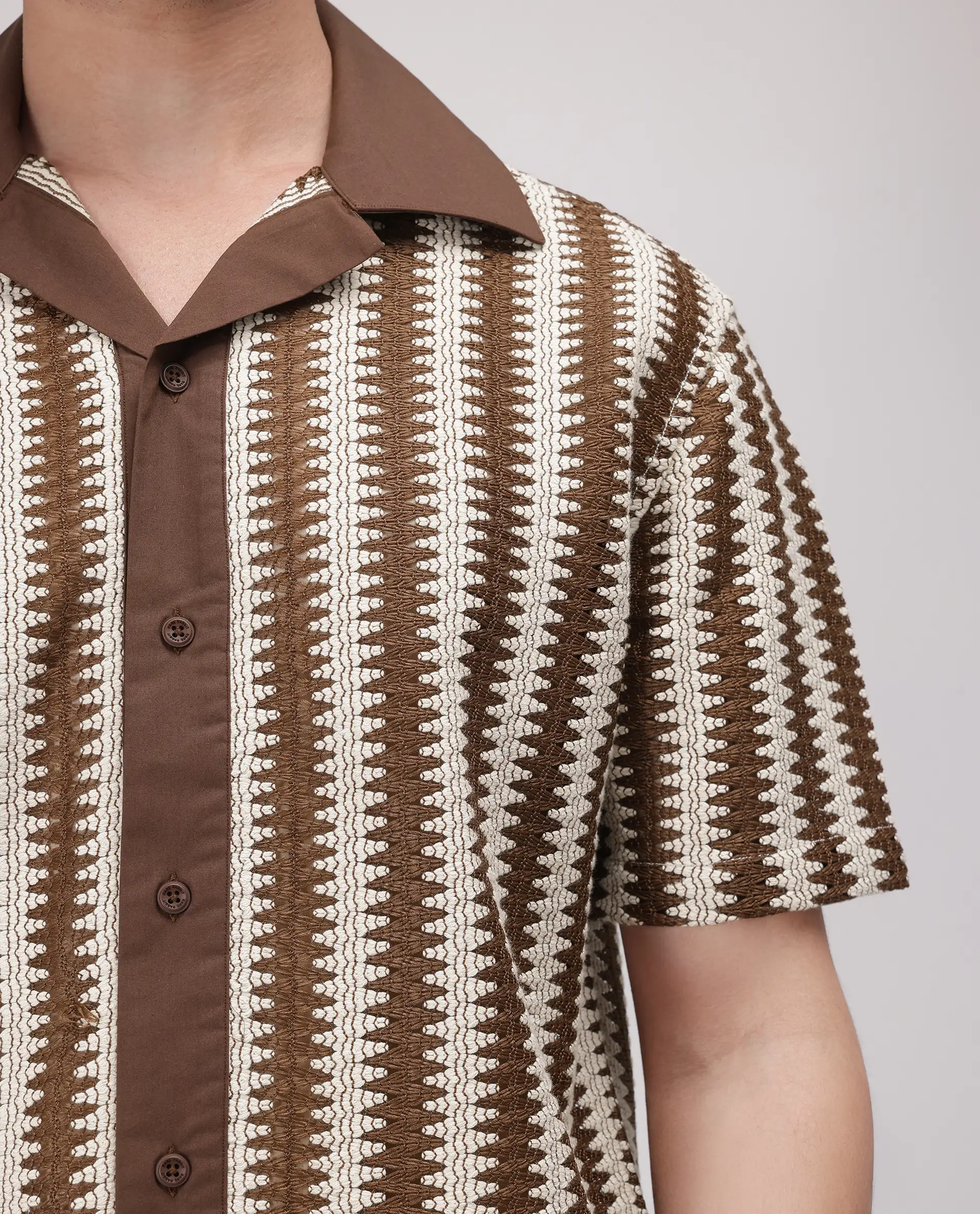 Rare Rabbit Men's Dana Brown Cotton Striped Print Boxy Fit Half Sleeve Cuban Collar Shirt - Image 8