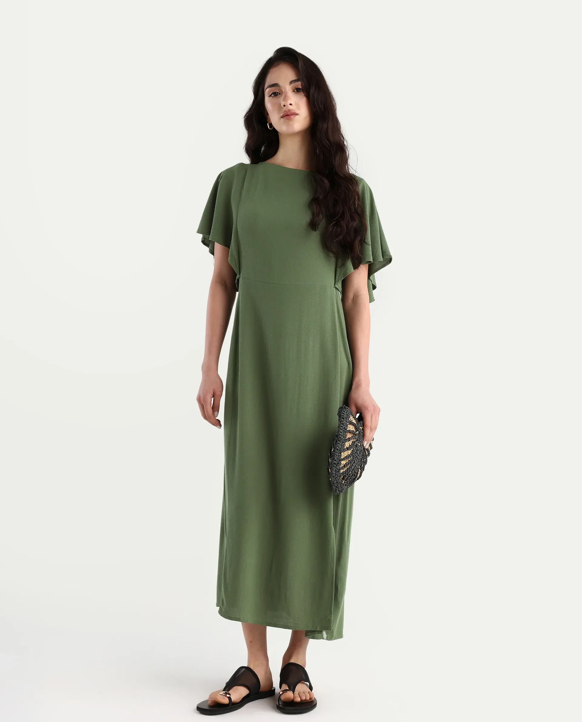 Rareism Women's Dana Green Crew Neck Plain Ruffled Sleeve Midi Fit And Flare Dress