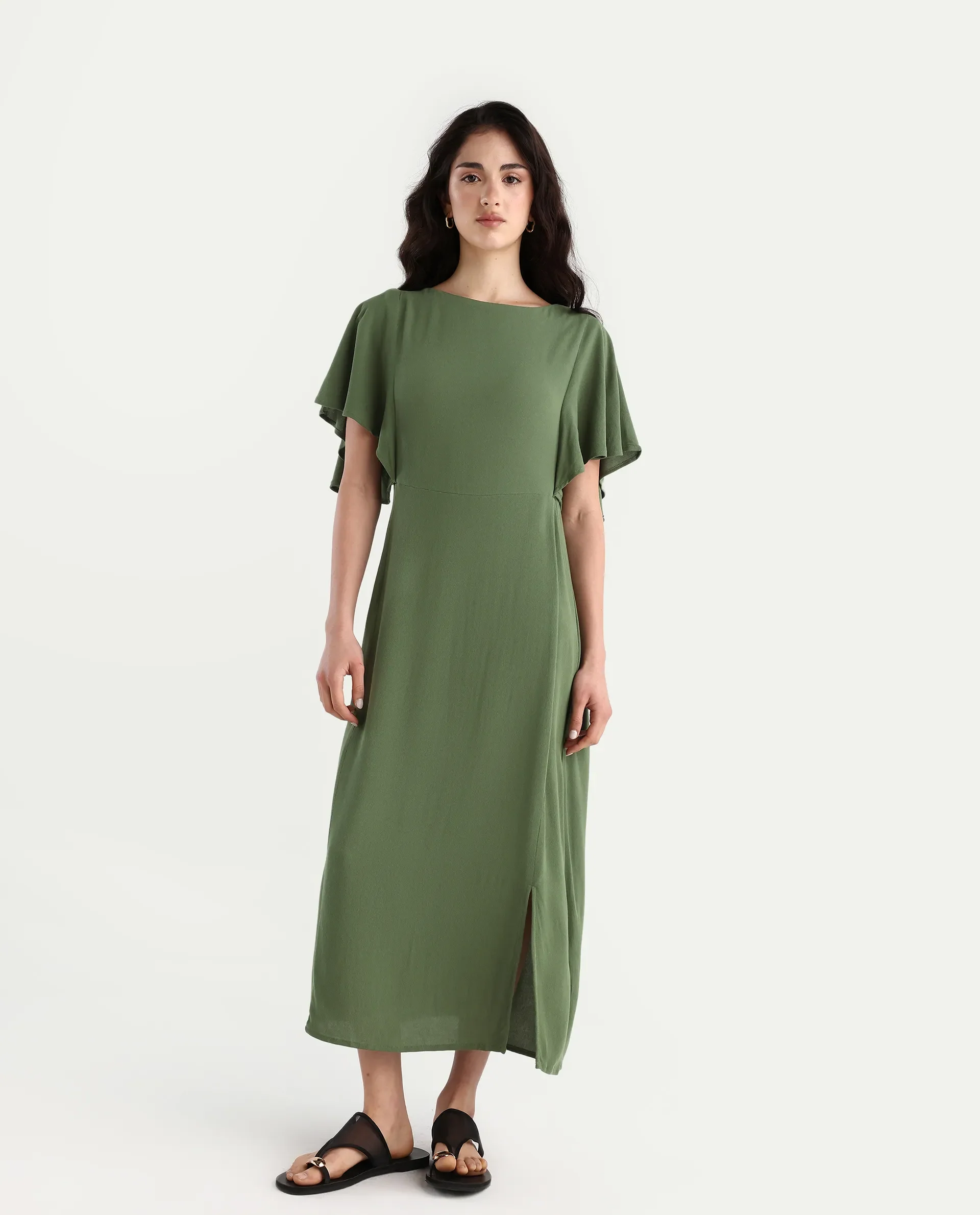 Rareism Women's Dana Green Crew Neck Plain Ruffled Sleeve Midi Fit And Flare Dress - Image 2