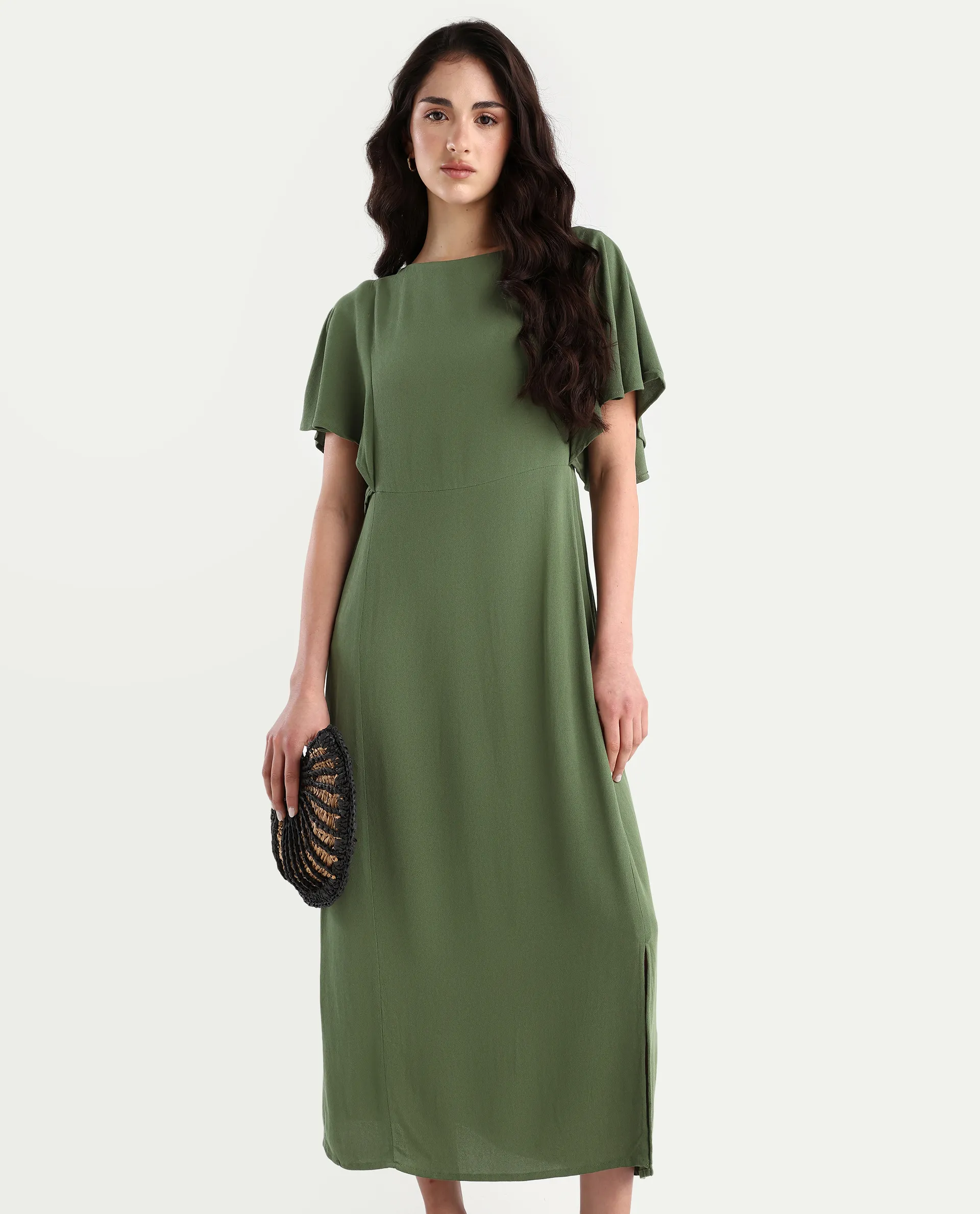 Rareism Women's Dana Green Crew Neck Plain Ruffled Sleeve Midi Fit And Flare Dress - Image 3