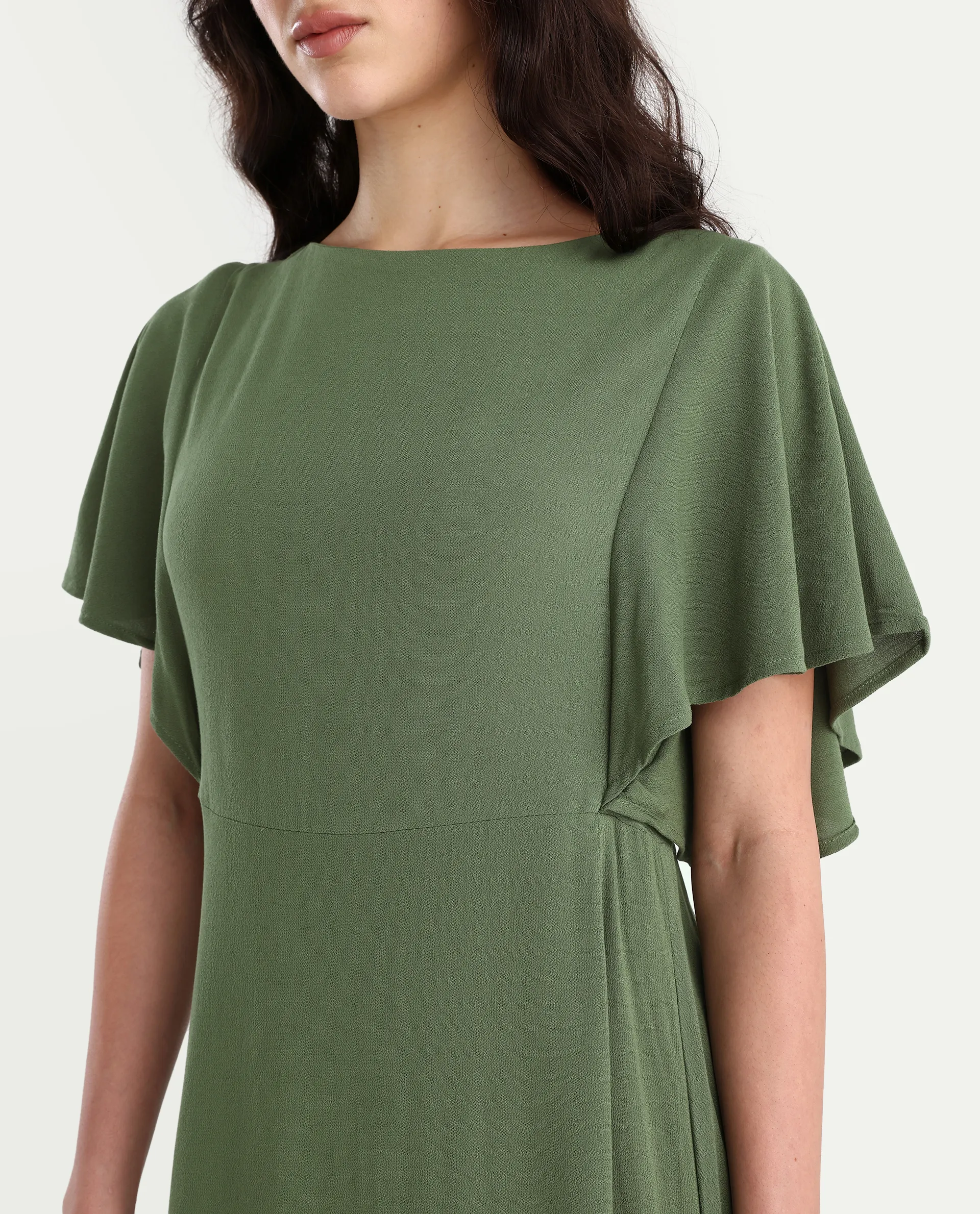 Rareism Women's Dana Green Crew Neck Plain Ruffled Sleeve Midi Fit And Flare Dress - Image 4