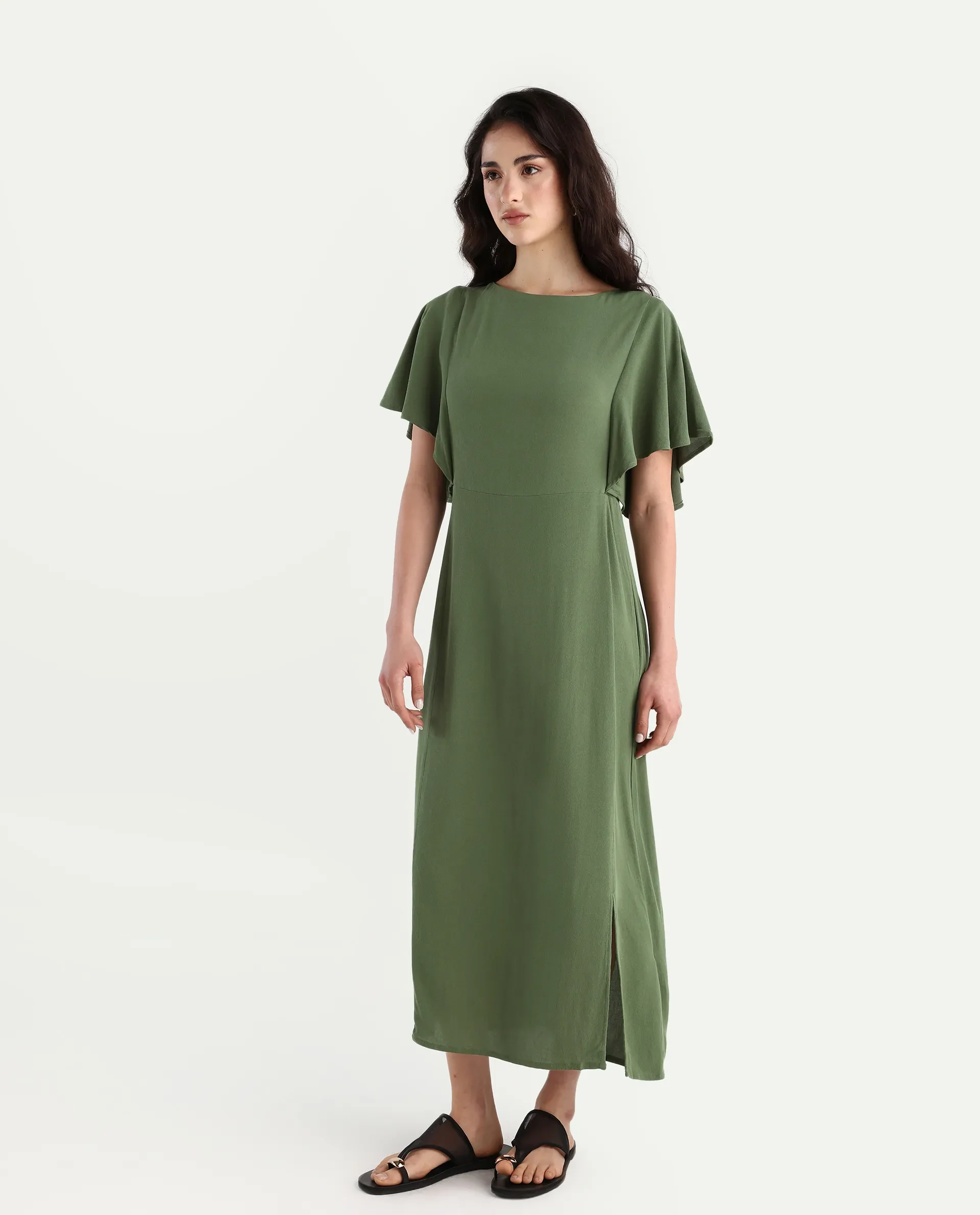 Rareism Women's Dana Green Crew Neck Plain Ruffled Sleeve Midi Fit And Flare Dress - Image 6