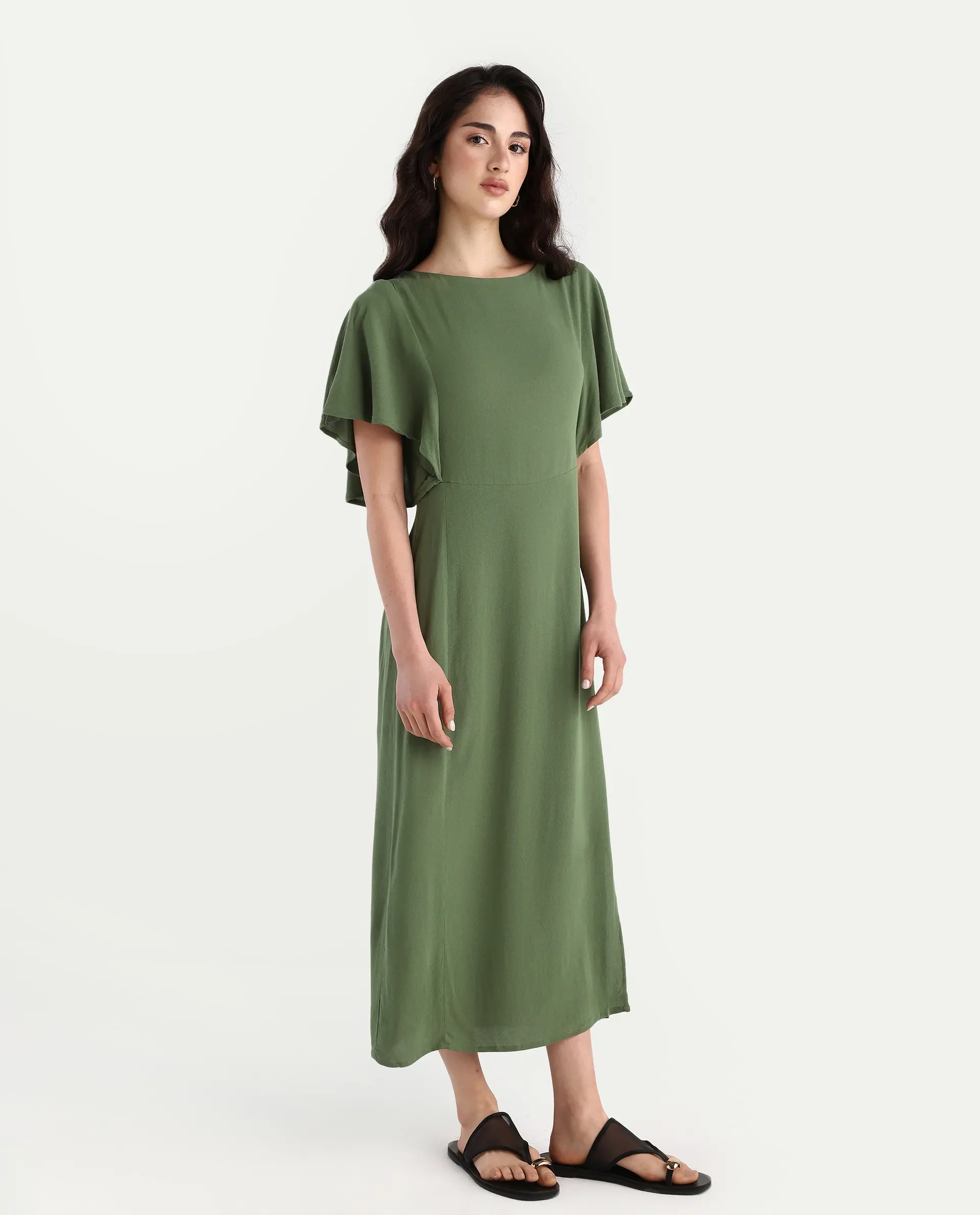 Rareism Women's Dana Green Crew Neck Plain Ruffled Sleeve Midi Fit And Flare Dress - Image 7