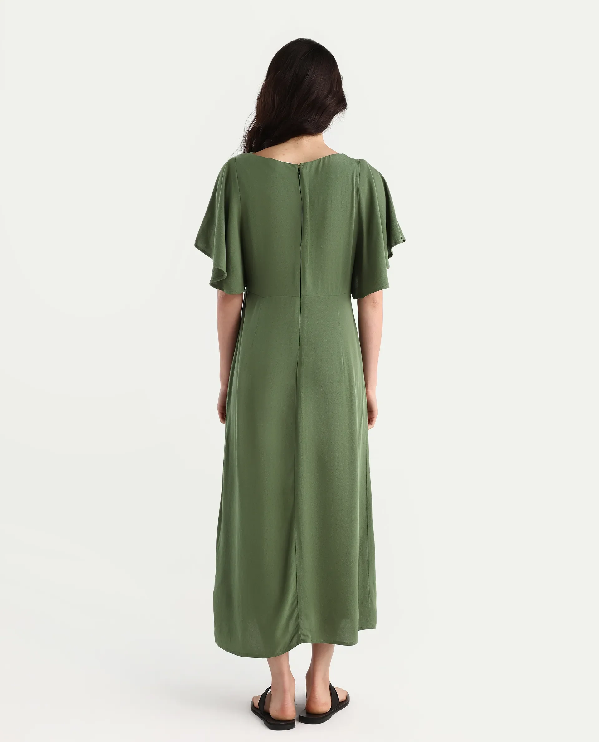 Rareism Women's Dana Green Crew Neck Plain Ruffled Sleeve Midi Fit And Flare Dress - Image 8