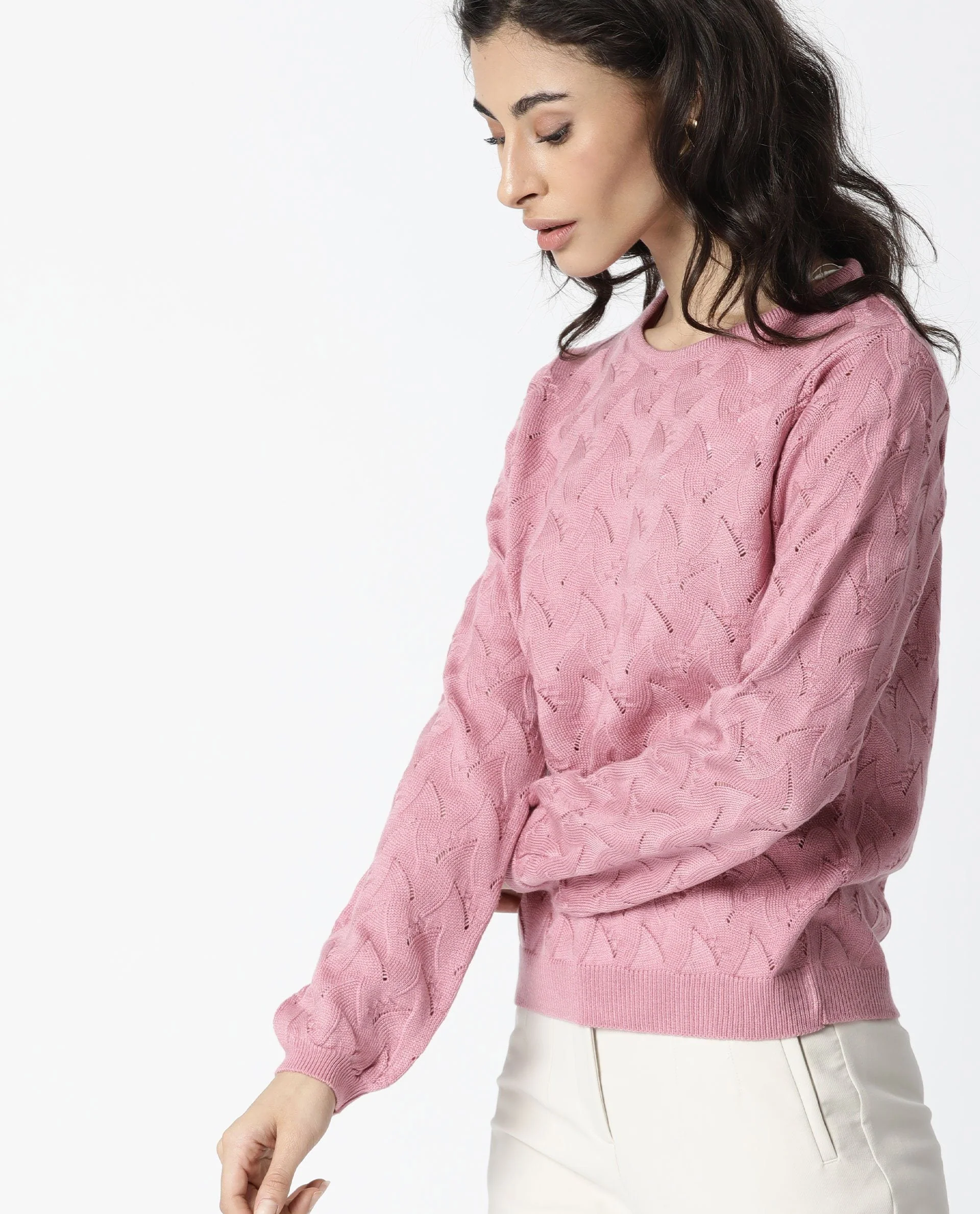 Rareism Women's Danbury Pink Acrylic Crew Neck Plain Relaxed Fit Sweater