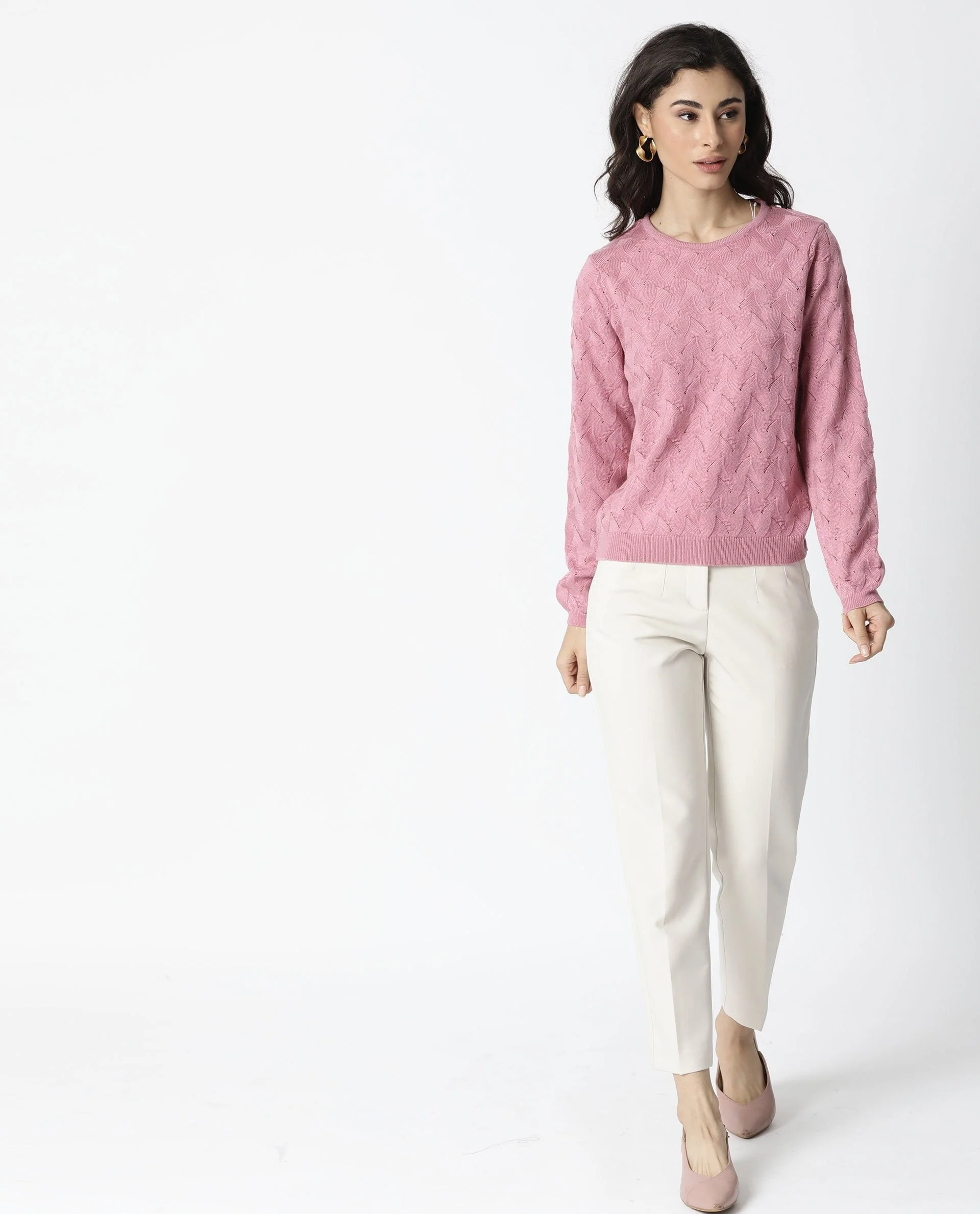 Rareism Women's Danbury Pink Acrylic Crew Neck Plain Relaxed Fit Sweater - Image 3