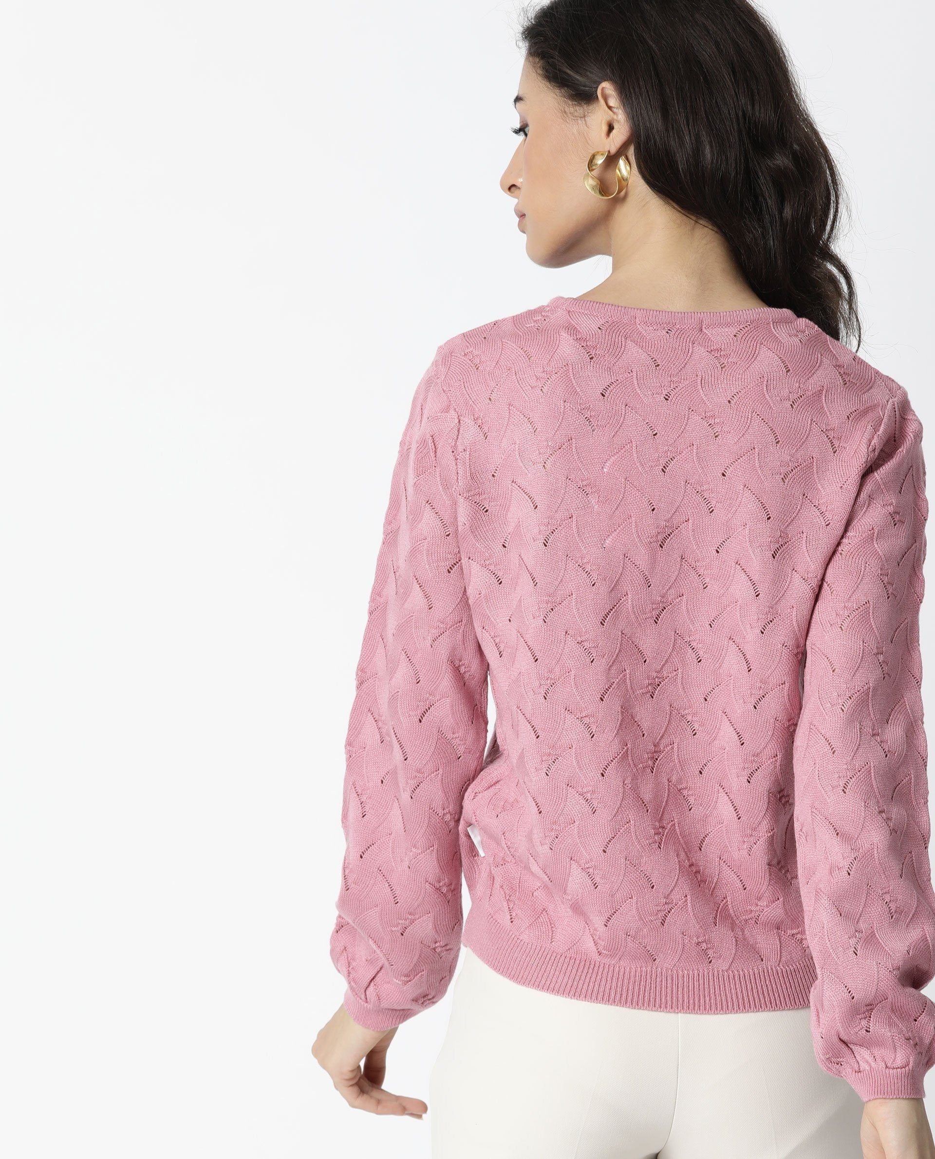 Rareism Women's Danbury Pink Acrylic Crew Neck Plain Relaxed Fit Sweater - Image 4