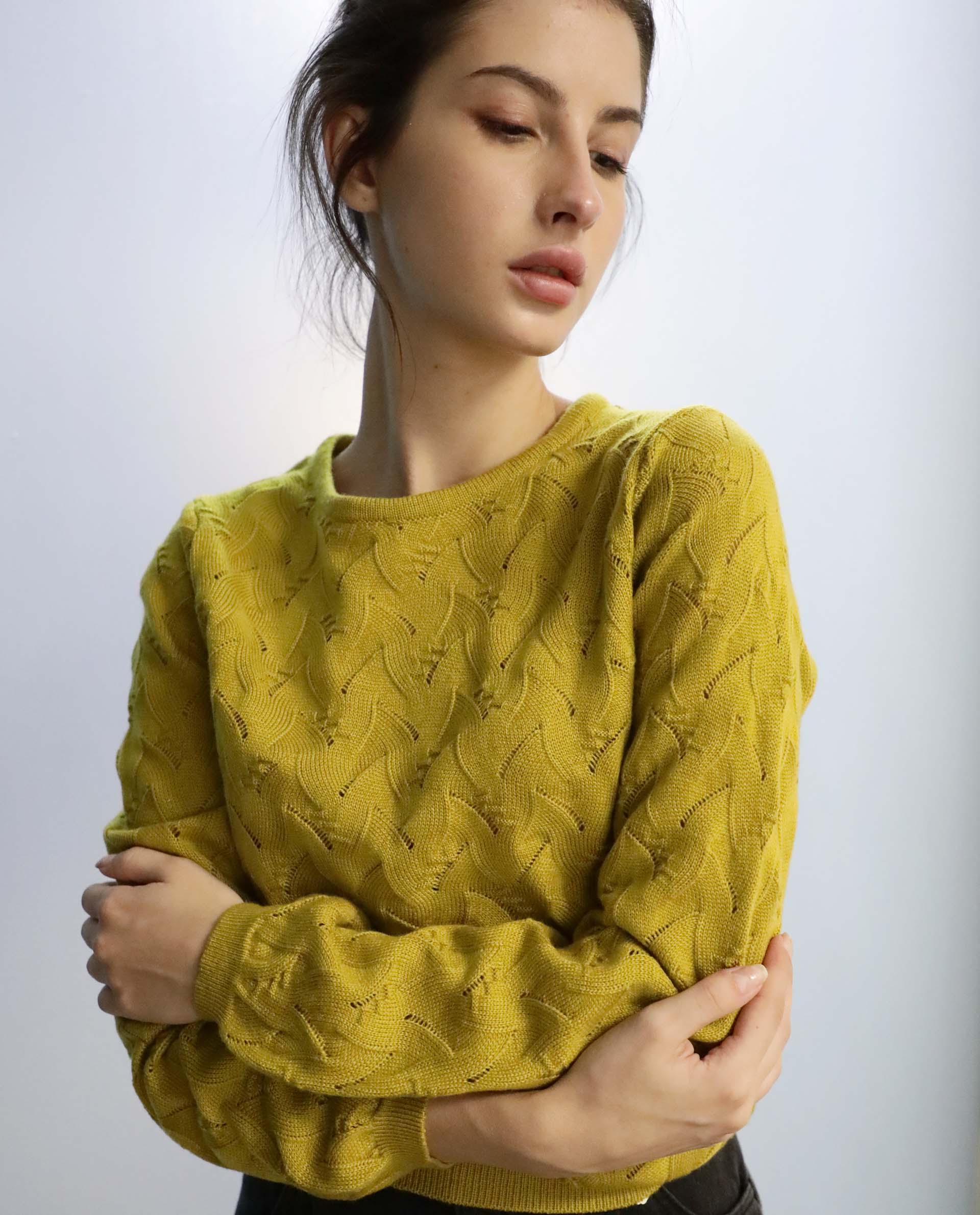 Rareism Women's Danbury Yellow Acrylic Crew Neck Plain Relaxed Fit Sweater - Image 3