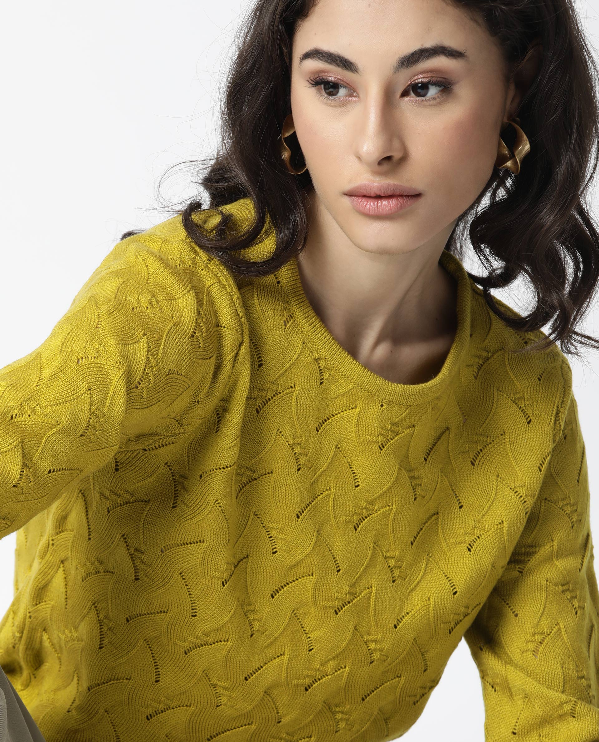 Rareism Women's Danbury Yellow Acrylic Crew Neck Plain Relaxed Fit Sweater - Image 4