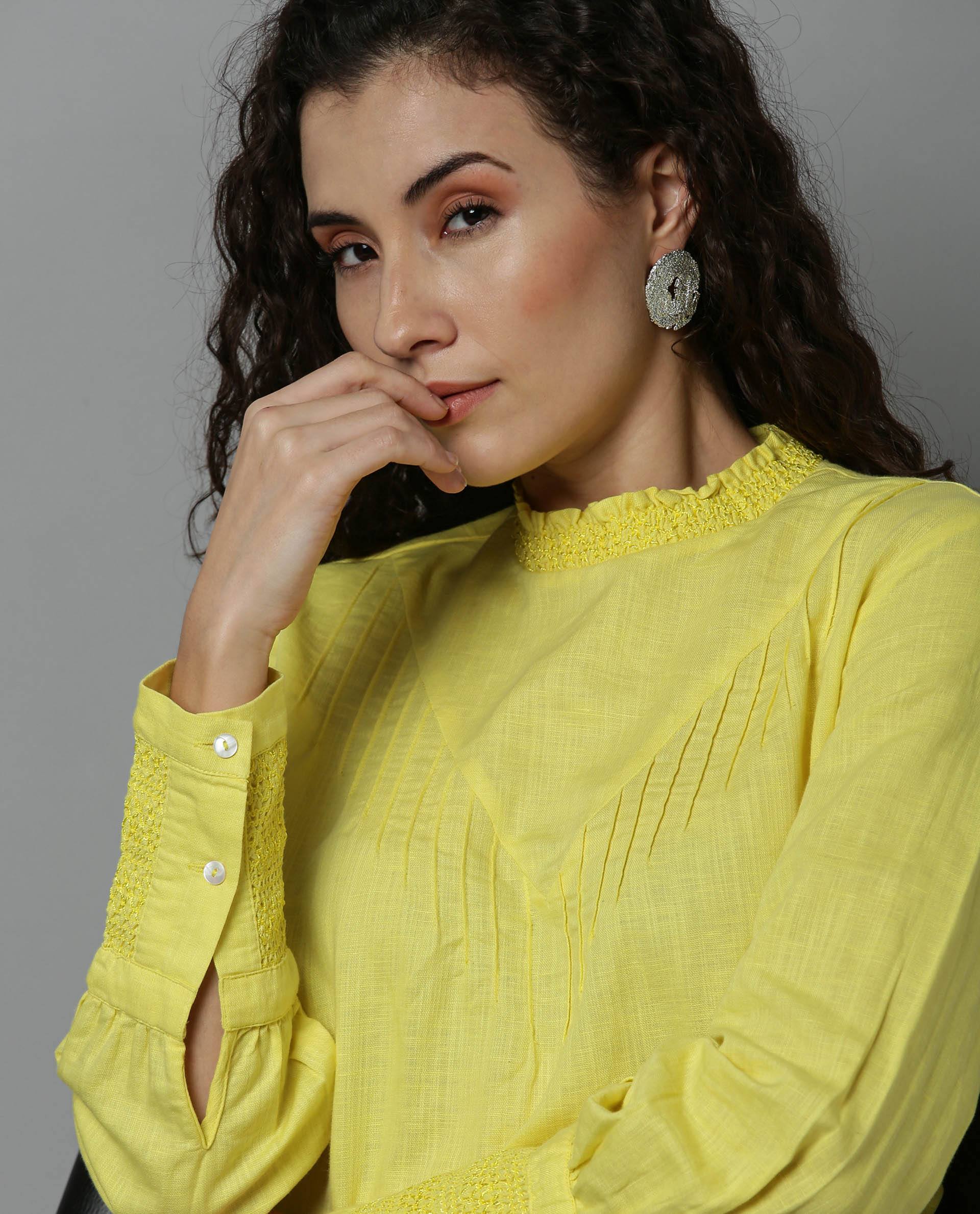 Rareism Women Dandellion Yellow Top Full Sleeves