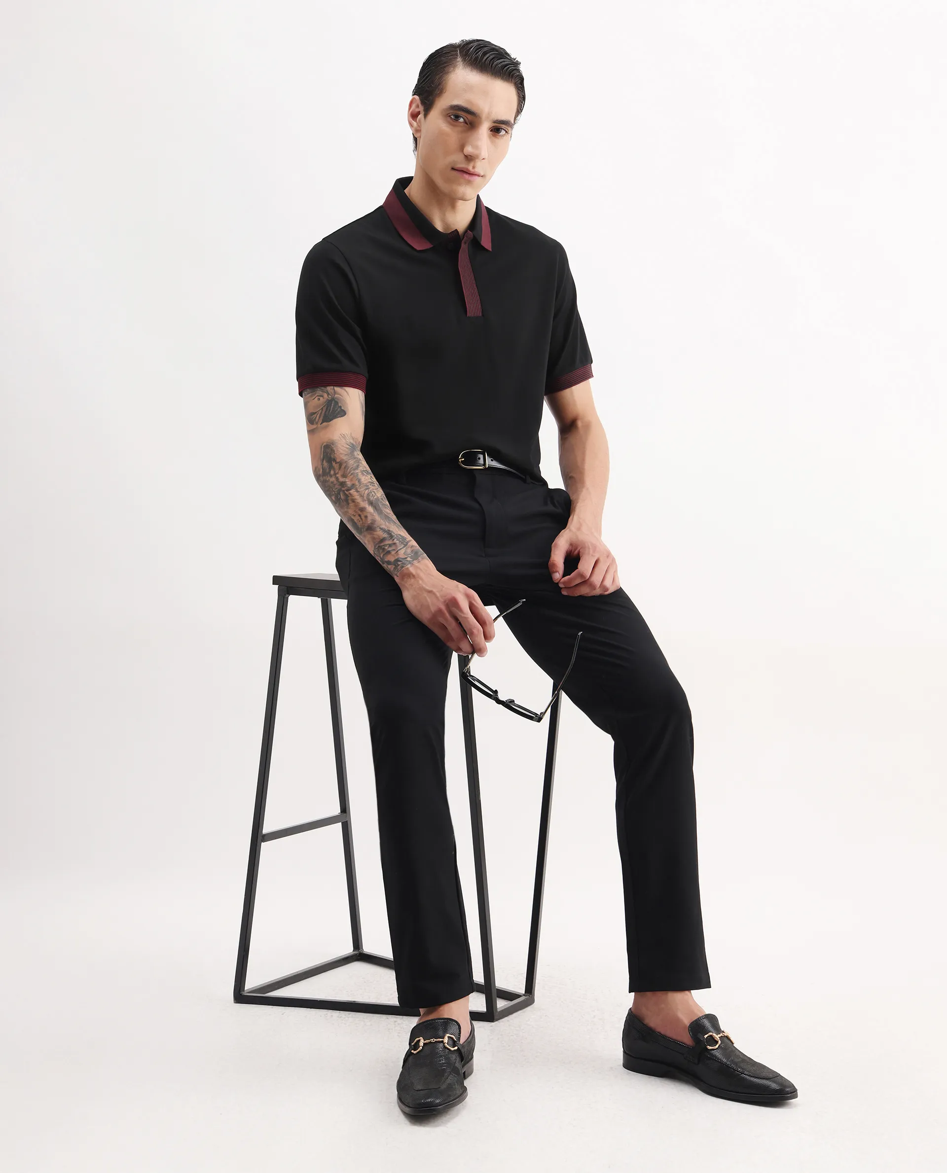 Rare Rabbit Men's Dane Black Cotton Blend Plain Regular Fit Half Sleeve Polo - Image 2