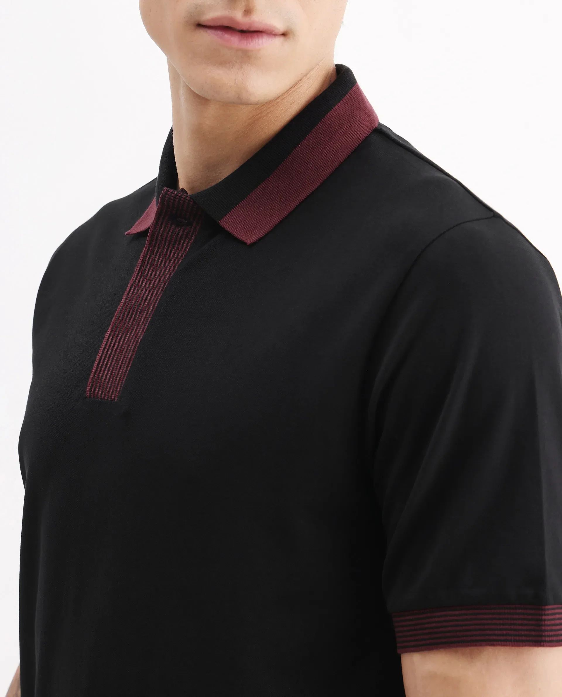 Rare Rabbit Men's Dane Black Cotton Blend Plain Regular Fit Half Sleeve Polo - Image 3
