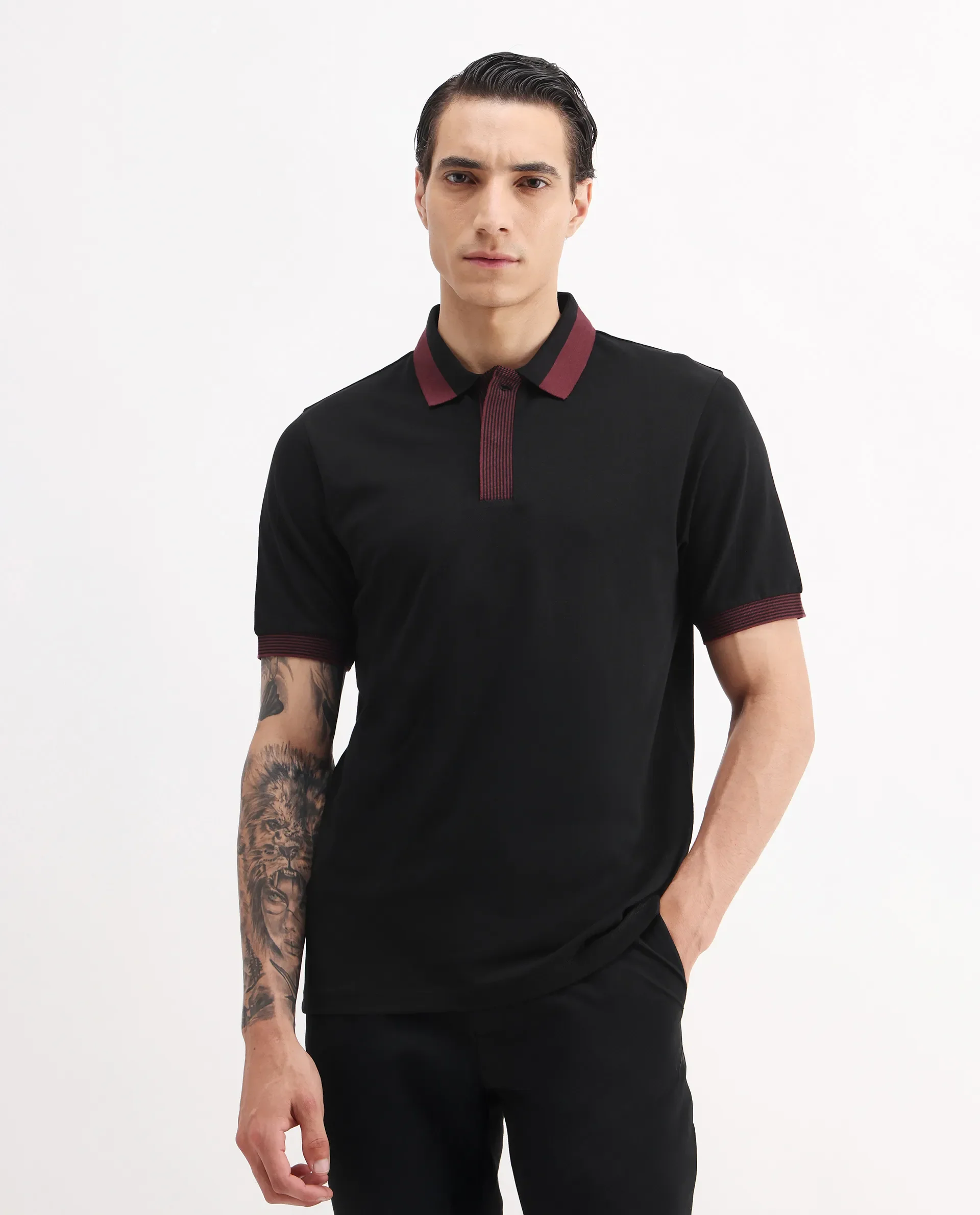 Rare Rabbit Men's Dane Black Cotton Blend Plain Regular Fit Half Sleeve Polo - Image 4