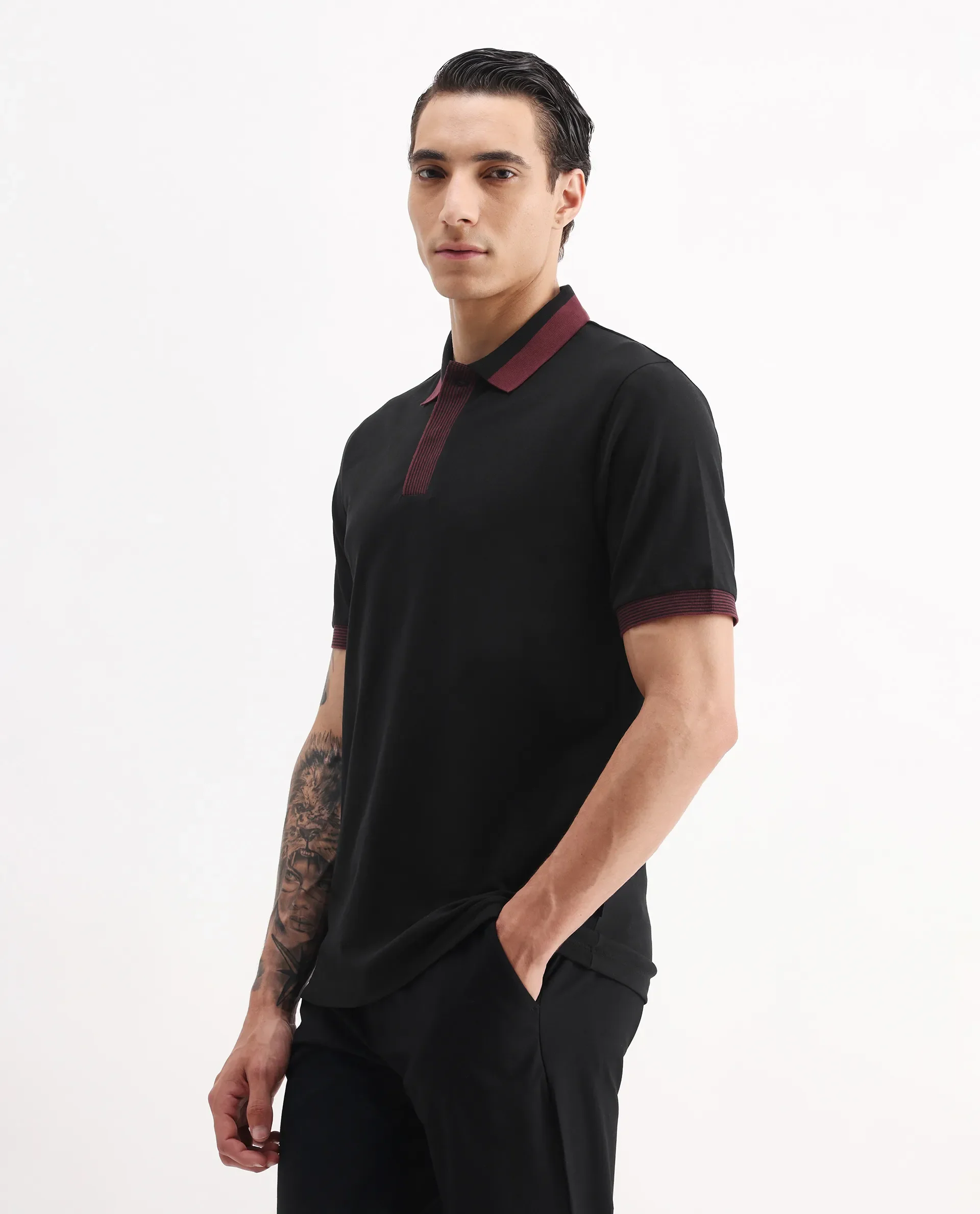 Rare Rabbit Men's Dane Black Cotton Blend Plain Regular Fit Half Sleeve Polo - Image 5