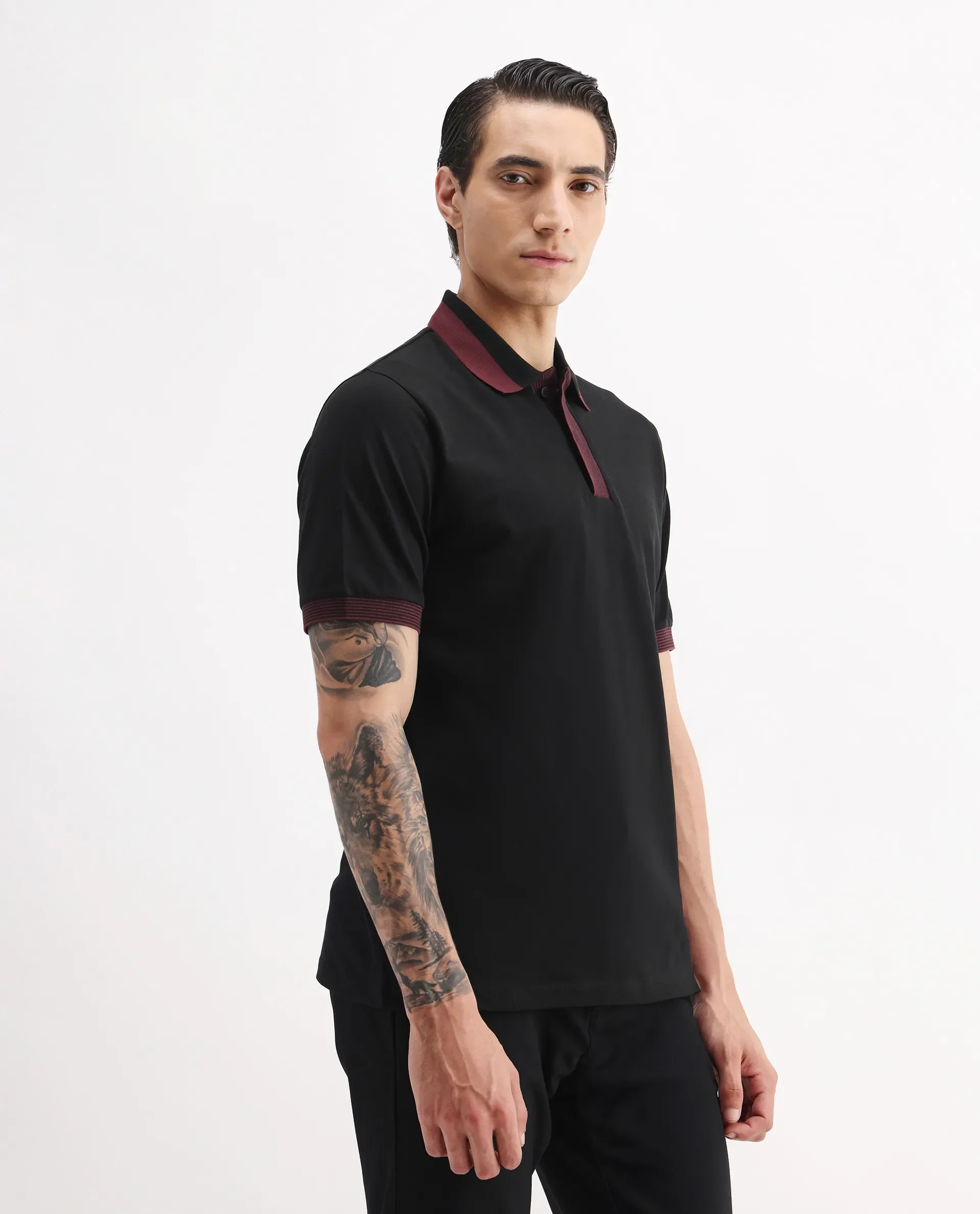 Rare Rabbit Men's Dane Black Cotton Blend Plain Regular Fit Half Sleeve Polo - Image 6