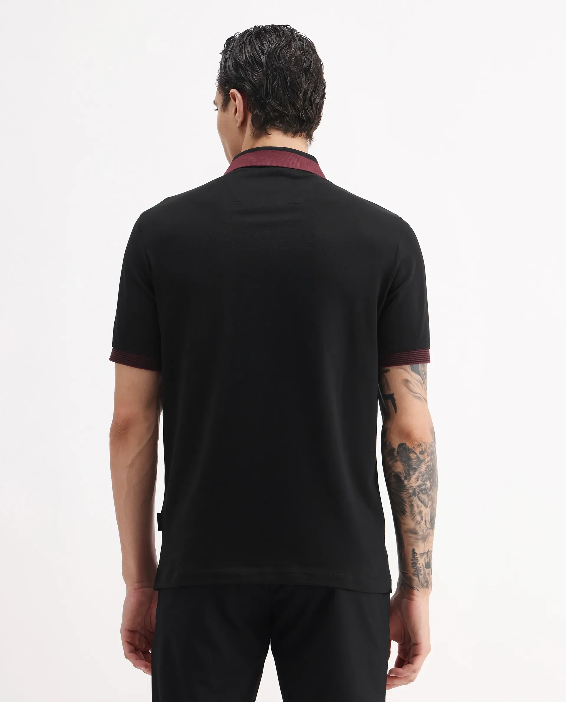 Rare Rabbit Men's Dane Black Cotton Blend Plain Regular Fit Half Sleeve Polo - Image 7