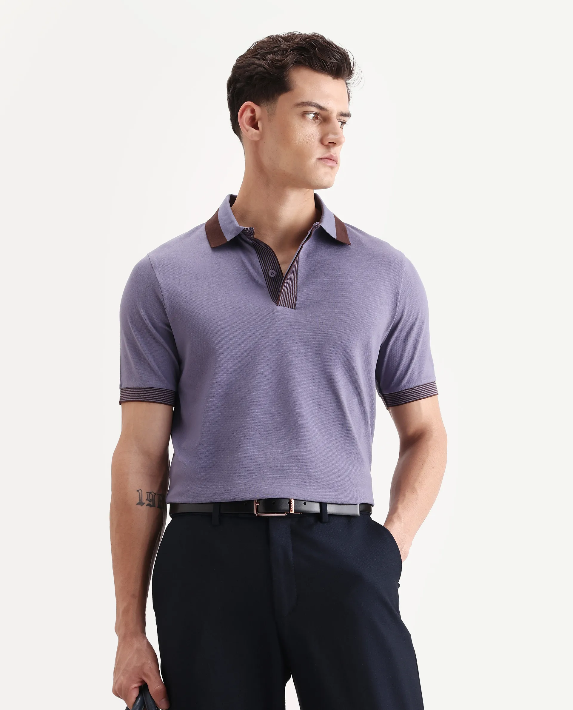 Rare Rabbit Men's Dane Dark Purple Cotton Blend Plain Regular Fit Half Sleeve Polo