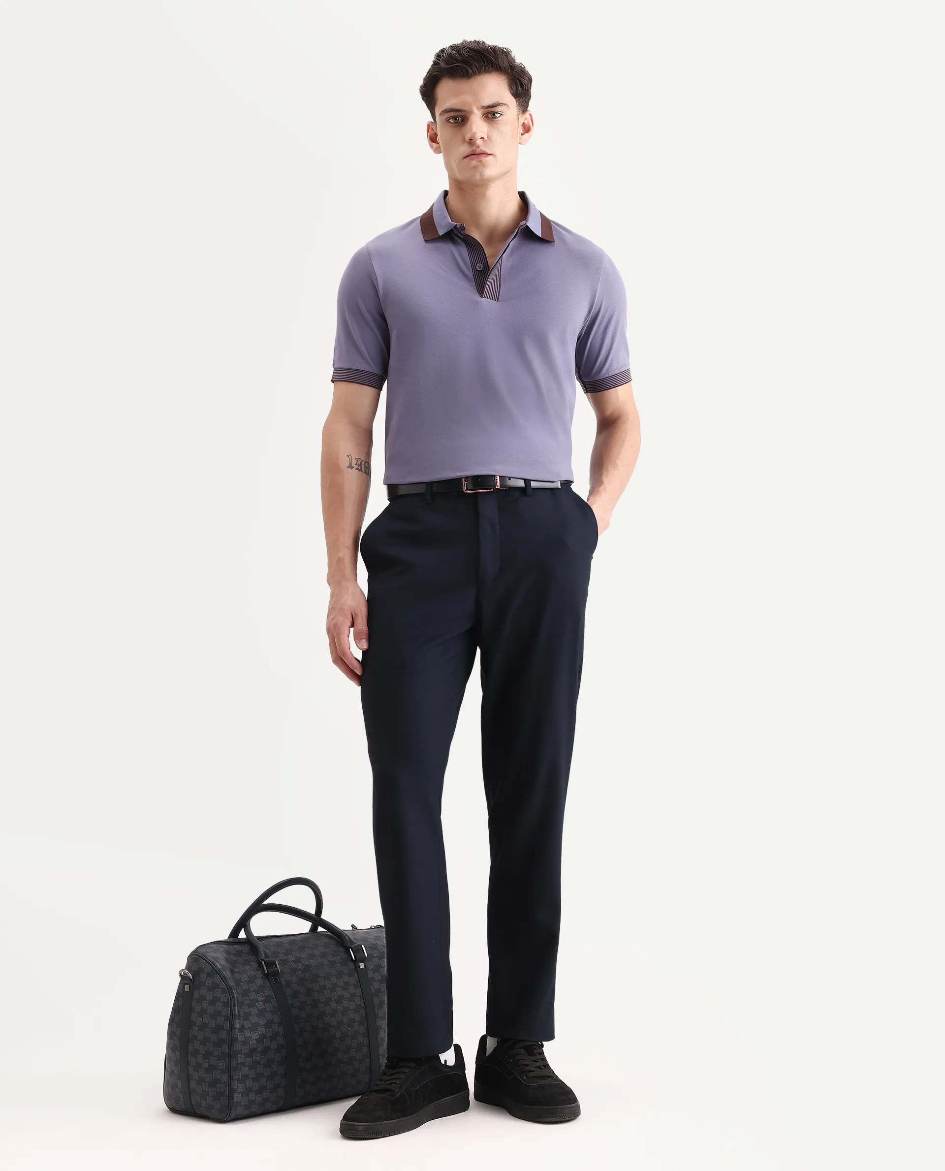 Rare Rabbit Men's Dane Dark Purple Cotton Blend Plain Regular Fit Half Sleeve Polo - Image 2