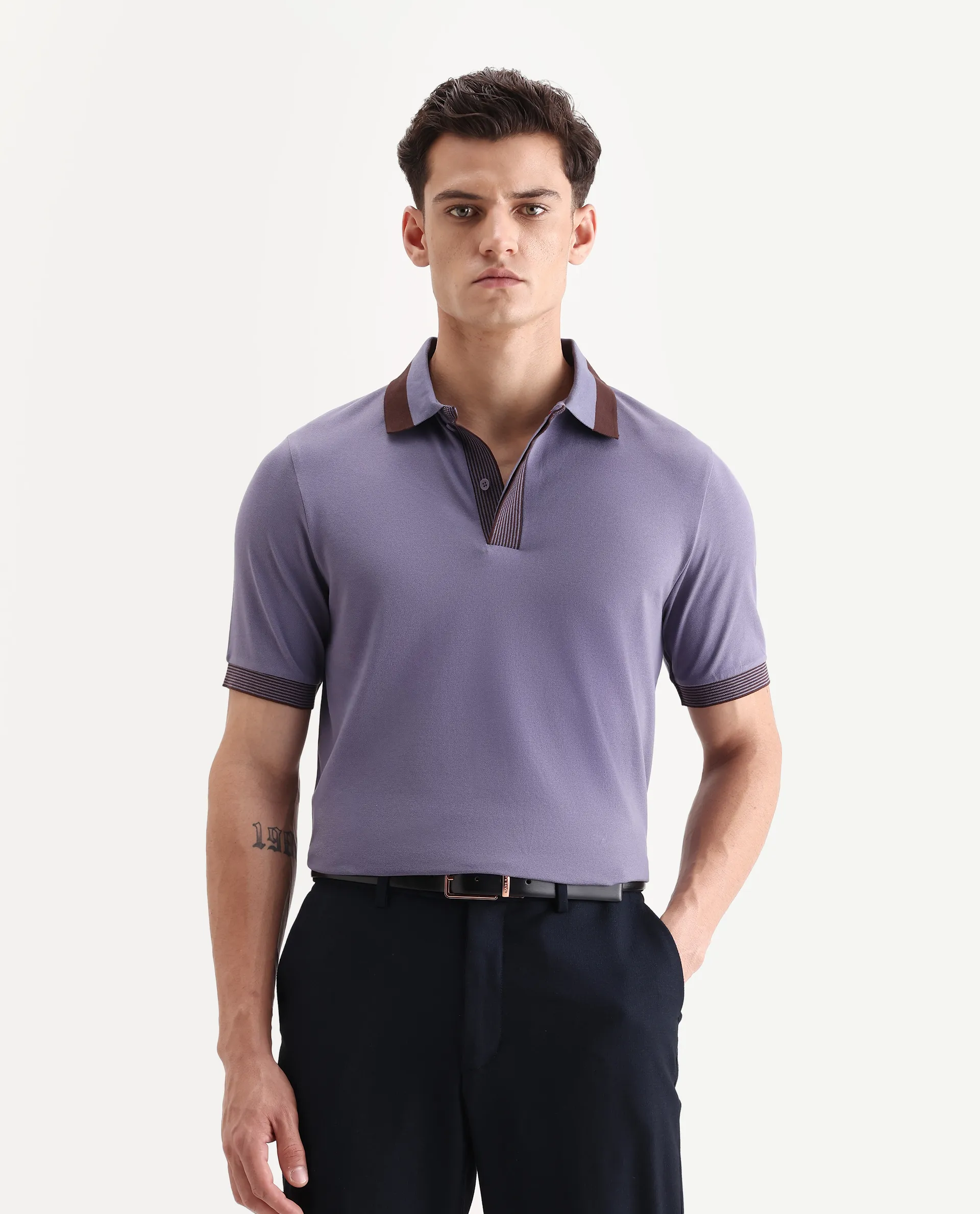Rare Rabbit Men's Dane Dark Purple Cotton Blend Plain Regular Fit Half Sleeve Polo - Image 4